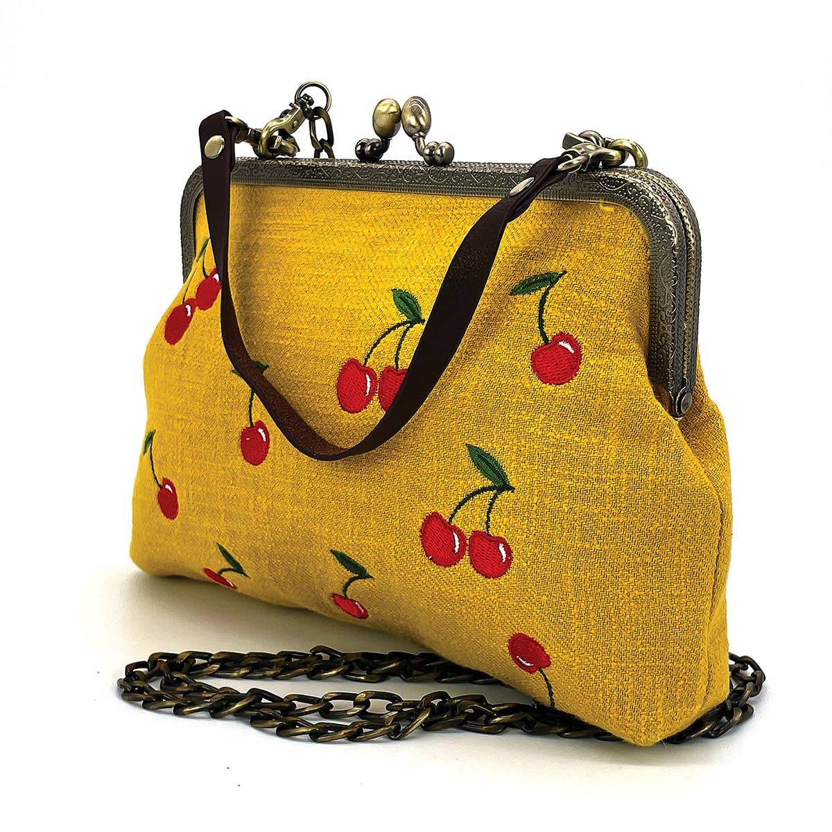 Cherry Kisslock Handbag - Premium Linen & Cotton Blend Fabric - Stylish Black Crossbody Purse for Women | Perfect for Work, Date Night & Everyday Use