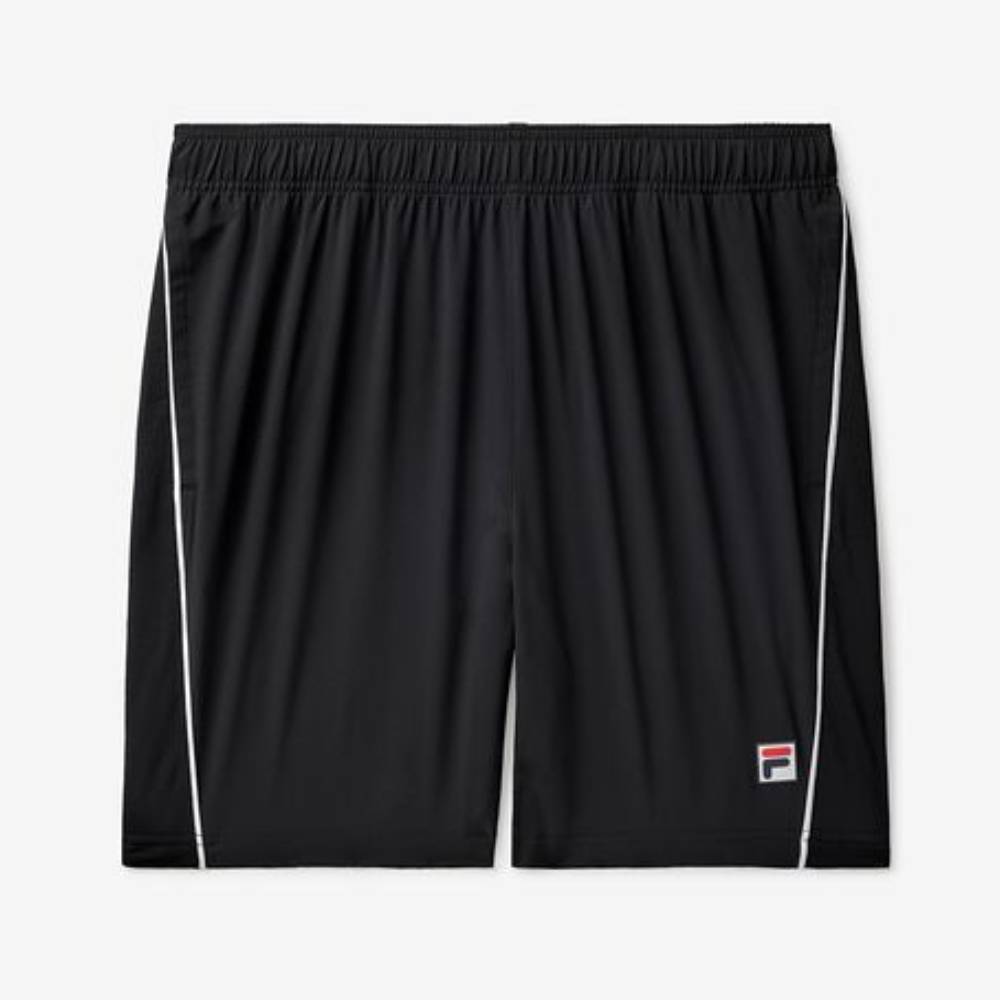 Fila Men's Piped Stretch Woven Athletic Shorts - Black/White - Comfortable Workout & Casual Wear for Running, Gym, and Everyday Use