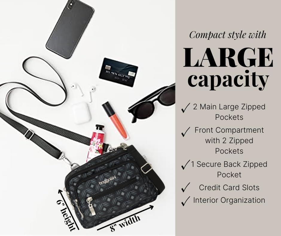 Baggallini Triple Zip Small Crossbody Bag for Women - 8x6 Inch Lightweight Water-Resistant Convertible Fanny Pack Belt Bag - Perfect for Travel, Shopping & Everyday Use