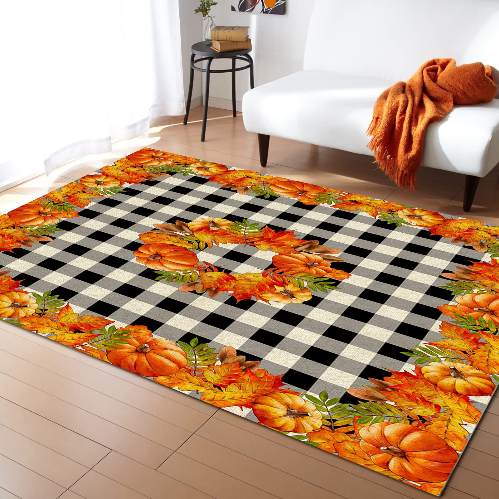 Fall Pumpkin Farm Style Black & White Buffalo Plaid Area Rug - Non-Slip Low Pile Indoor Runner Carpet for Entryway, Living Room, Foyer, Kitchen, Bedroom - 60x82 Inches - Perfect for Farmhouse Decor & Cozy Autumn Home Styling