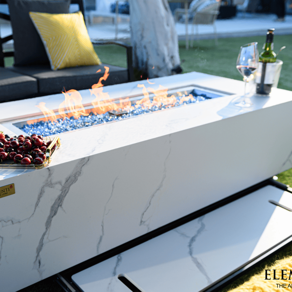 Premium Carrara Marble Porcelain Rectangular Fire Pit Table - Outdoor Patio Heater for Backyard, Garden & Poolside Gatherings