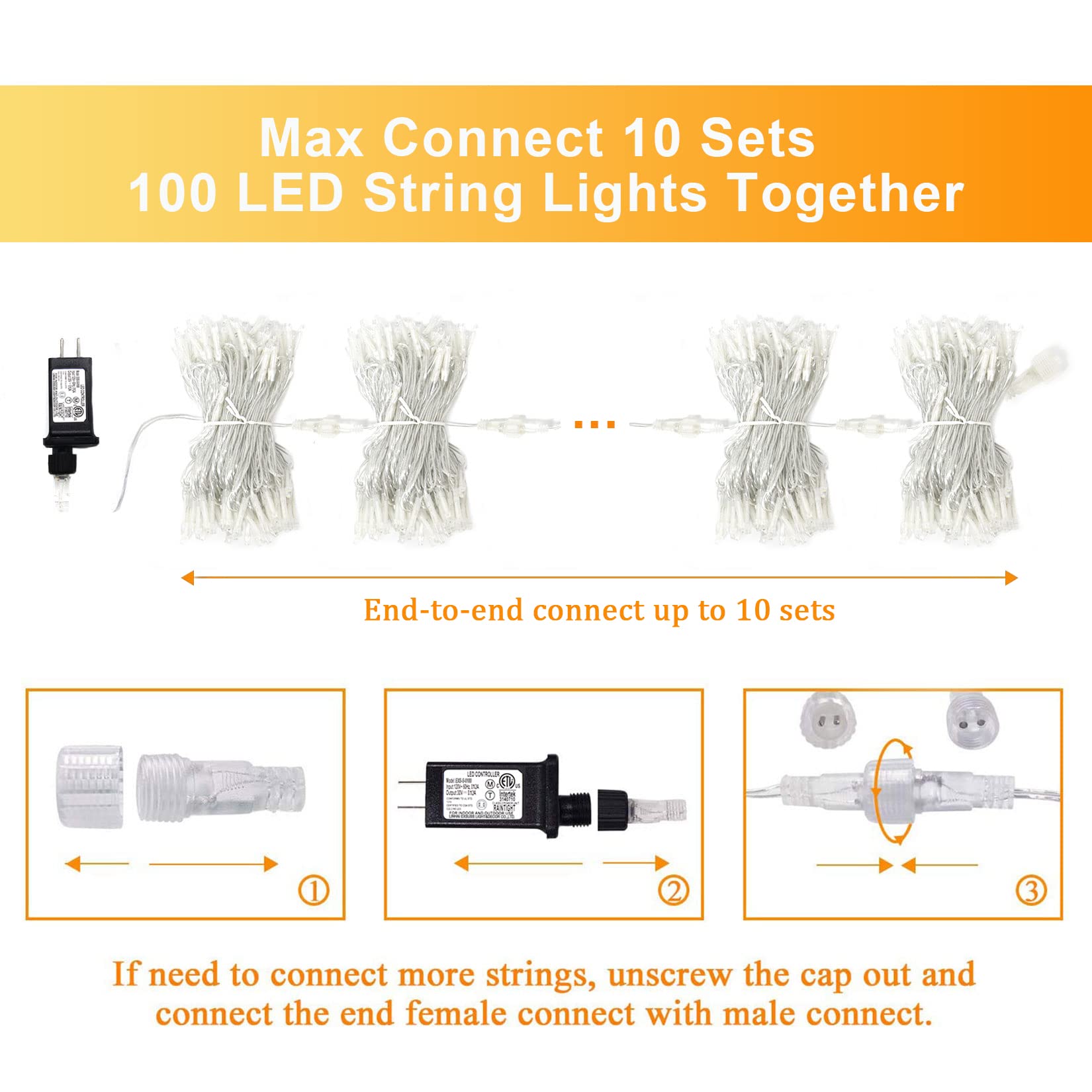 JMEXSUSS 2 Pack 100 LED Warm White String Lights - 33ft Connectable Indoor/Outdoor Christmas Lights with 8 Modes (Twinkle, Steady, etc) - Perfect for Bedroom, Tree, Window, Wedding, Patio, Party & Holiday Decorations