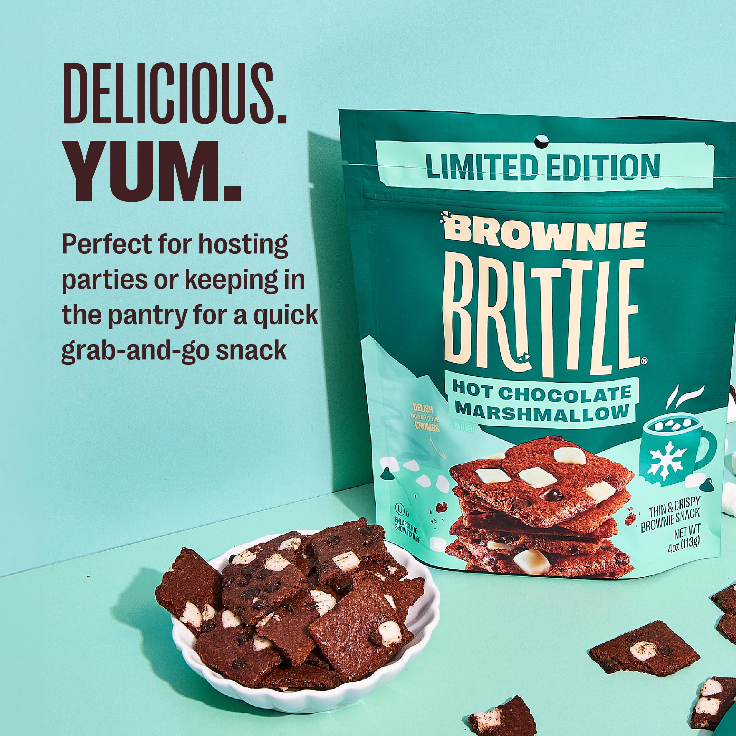 Hot Chocolate Marshmallow Brownie Brittle - Thin & Crispy Gourmet Dessert Snacks (3-Pack, 4oz) | Perfect for Holiday Gifts, Party Treats & Coffee Break Indulgence
