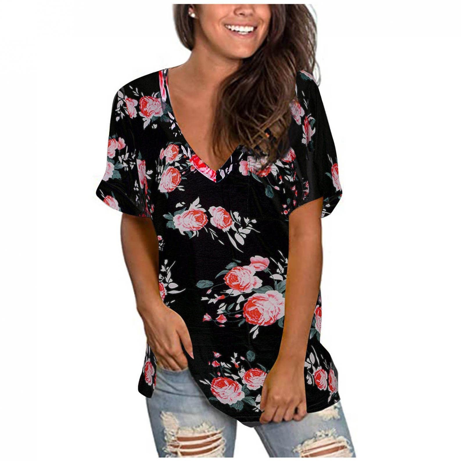 Trendy Women's Summer Short Sleeve V-Neck T-Shirts - Lace Casual Tops & Loose Comfort Fitting Blouses for Everyday Wear, Outings, and Office Casual Style