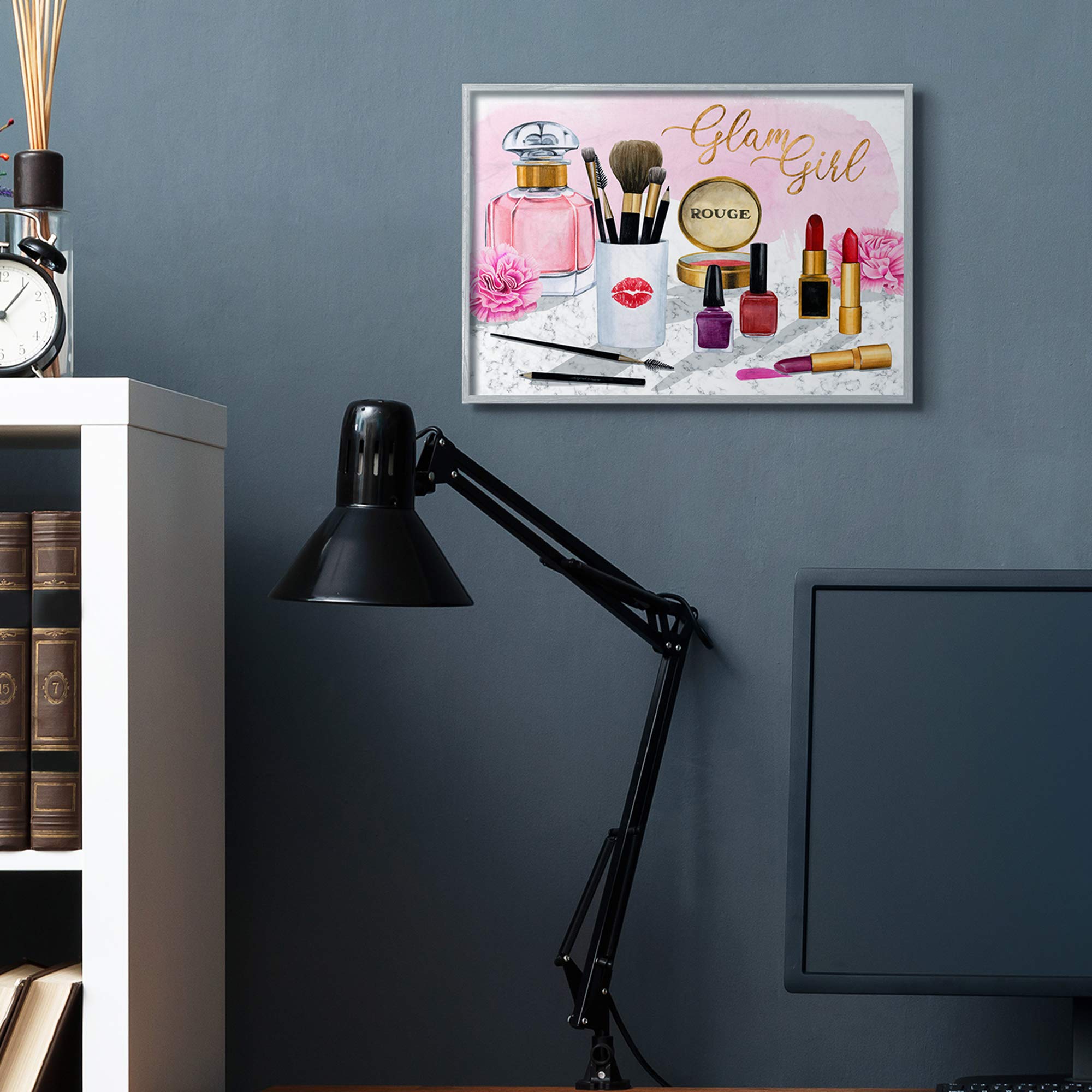 Stupell Industries Glam Girl Phrase Fashion Cosmetic Accessories Wall Art - Grey Framed 16x20 Pink Decor by Grace Popp | Perfect for Bedroom, Bathroom & Vanity Makeup Area