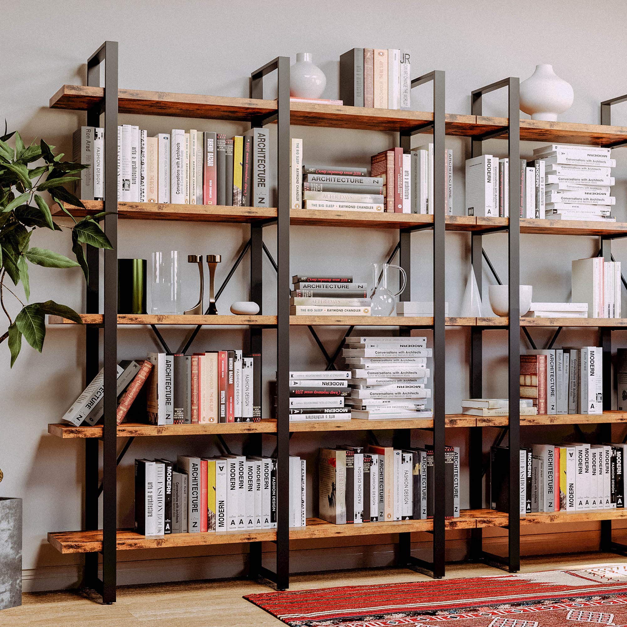 IRONCK 5-Tier Industrial Bookshelf - Double Wide Large Open Shelves for Home & Office - Wood & Metal Bookcase - Easy Assembly - Perfect for Living Room, Bedroom & Study Organization