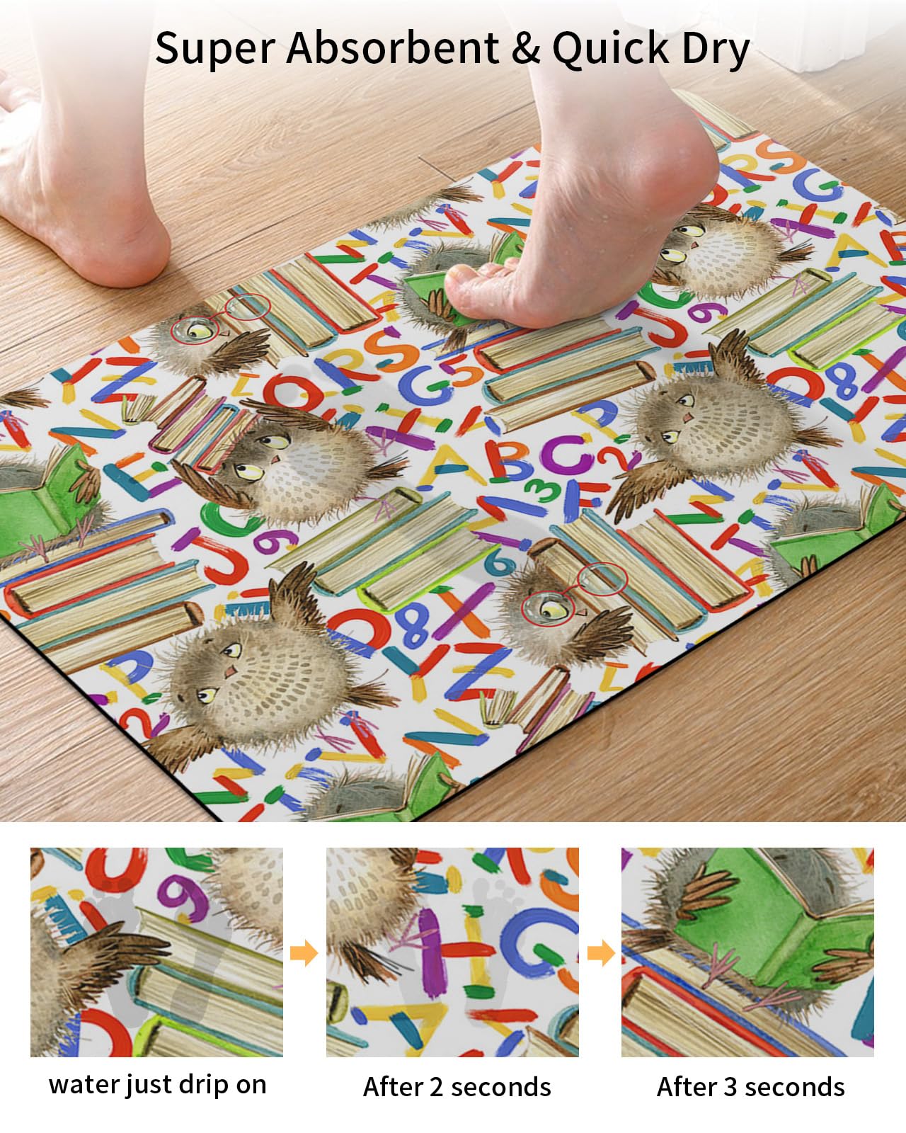 **Non-Slip Diatomaceous Earth Bath Mat - Quick Dry Cartoon Owl Design, 24x36 Inch, Absorbent Bathroom Rug for Tub, Shower & Kitchen Floor - Perfect for Back to School & Home Decor**