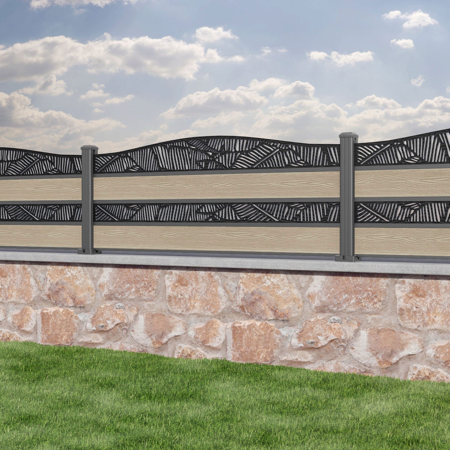 Classic Feather Curved Top Split Screen Fence Panel - Light Oak Wood Privacy Screen with Aluminum Posts for Patio, Deck, Garden & Backyard