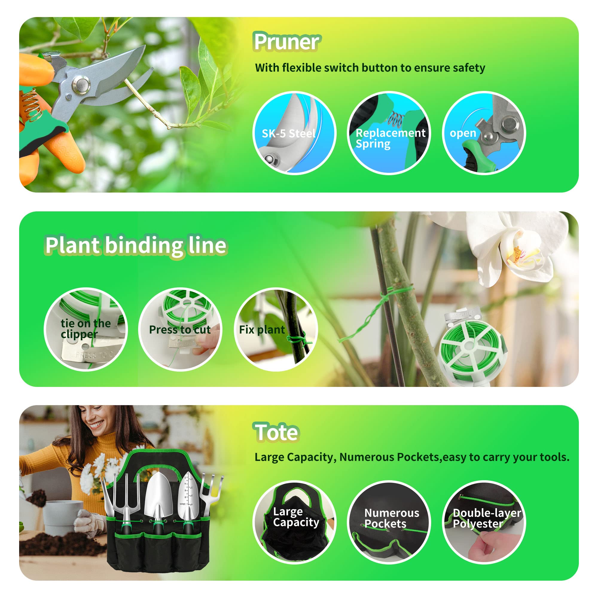 10-Piece Heavy Duty Garden Tool Set with Plant Grow Bags & Tote - Rustproof Gardening Kit for Women & Men - Perfect for Planting, Weeding & Outdoor Yard Work
