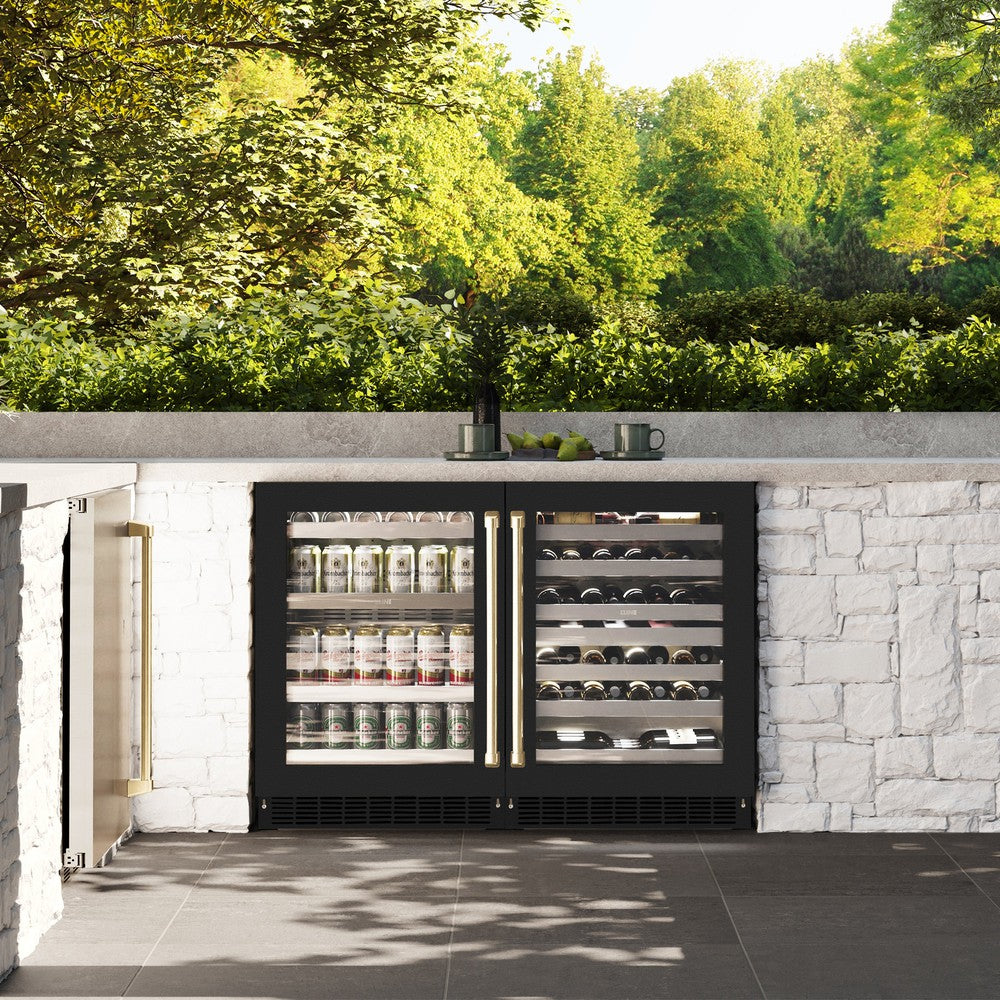 ZLINE Autograph Edition 24 Inch Touchstone Dual Zone 44 Bottle Wine Cooler - Black Matte Glass Door & Champagne Bronze Handle - Perfect for Home Bars, Wine Cellars, and Entertaining Guests (RWDOZ BLM 24 CB)
