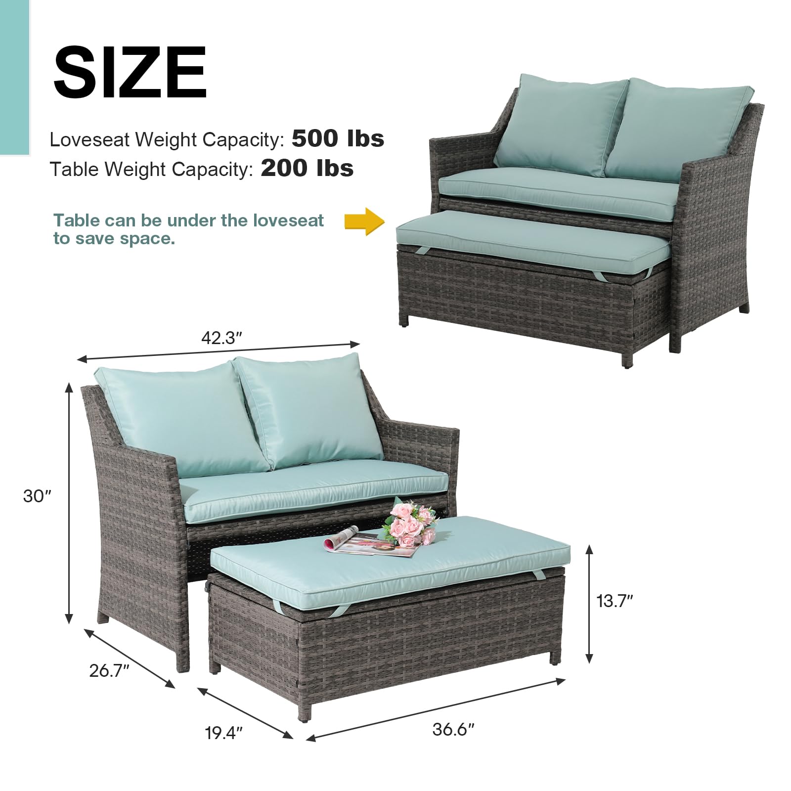 OC Orange-Casual 2-Piece Outdoor Patio Furniture Set - Wicker Loveseat & Coffee Table with Built-in Storage Bin, Grey Rattan & Green Cushions | Perfect for Garden, Backyard, Poolside & Balcony Relaxation