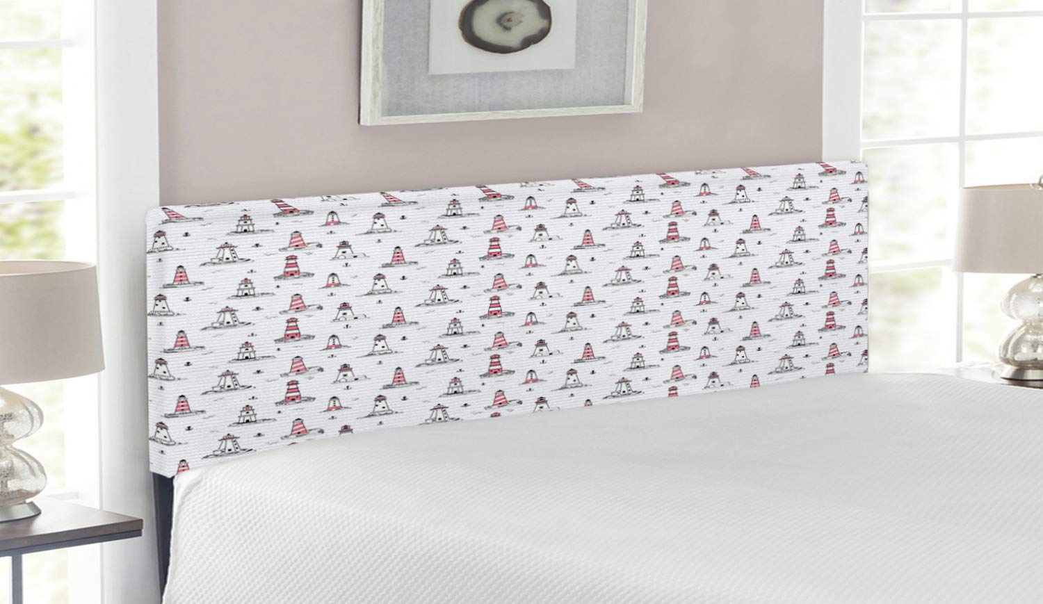Ambesonne Lighthouse Upholstered Headboard - Nautical Notebook Design with Seagulls & Anchors, Queen Size Decorative Metal Bed Headboard with Memory Foam in Pink Lilac Black | Perfect for Coastal Themed Bedrooms & Guest Rooms
