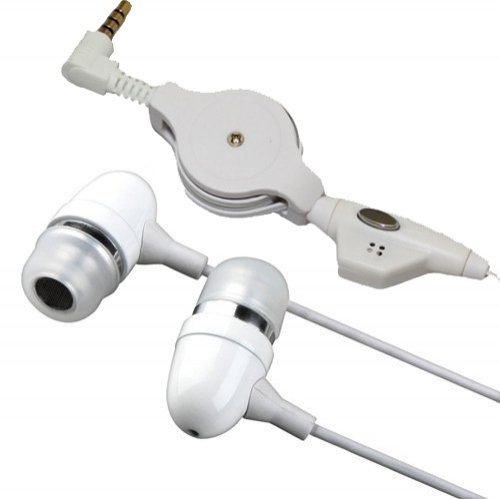Noise Isolating Retractable Metal In-Ear Earbuds with Microphone - All White Hands-Free Headset for Amazon Kindle Keyboard 3G & Paperwhite - Perfect for Commuting, Studying, and Online Meetings