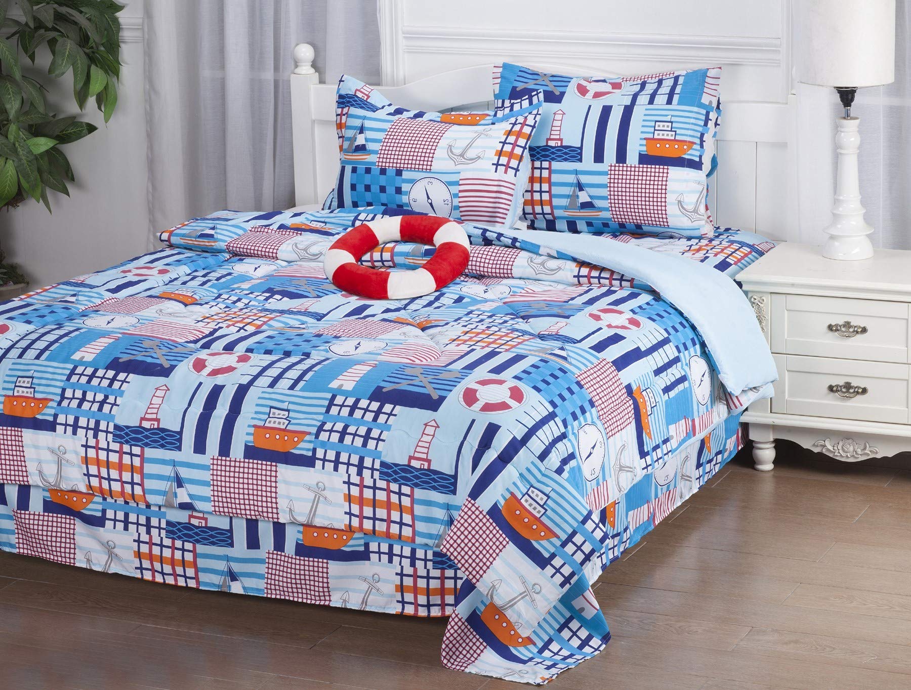 GorgeousHomeLinen 6-Piece Kids' Nautical Twin Bedding Set - Light Blue Sailboat Anchor Lighthouse Design with Comforter, Sheets & Pillowcase - Perfect for Boys' Bedroom Decor & Themed Sleepovers