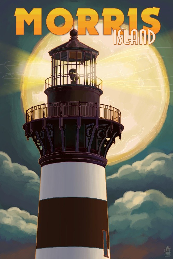 Signed Morris Island Lighthouse and Moon Art Print - 24x36 Wall Decor Poster - South Carolina Coastal Landscape for Home, Office & Gallery Display