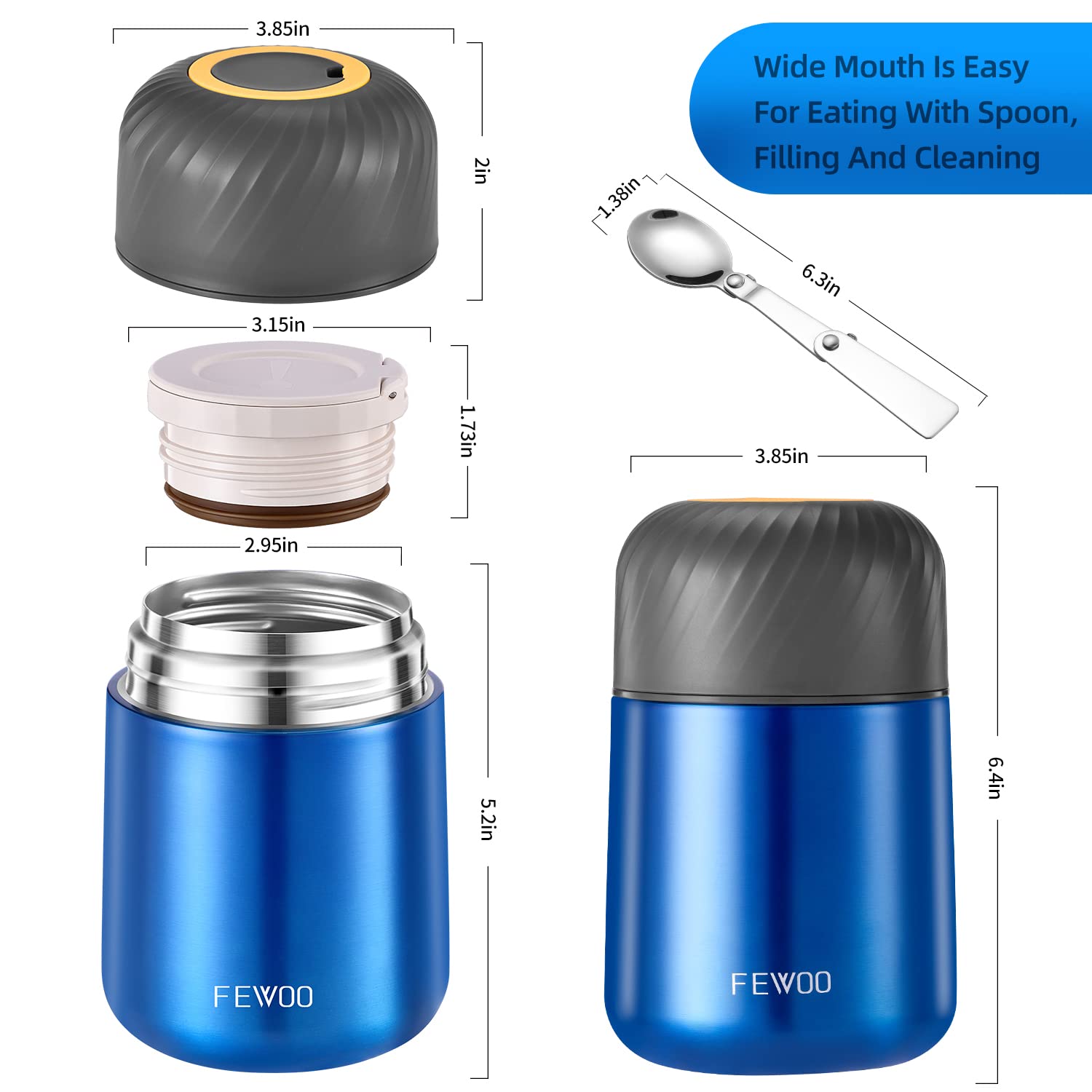 FEWOO 20oz Vacuum Insulated Stainless Steel Food Jar - Leak Proof Soup Thermos for Kids & Adults, Hot Cold Lunch Container with Foldable Spoon (Bright Blue) - Perfect for School, Office, Picnics & Outdoor Activities