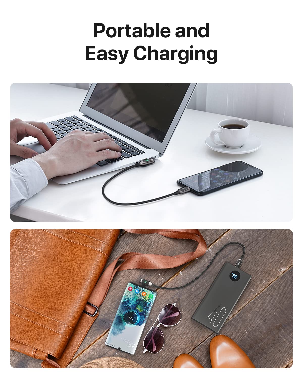 SooPii 100W USB C to USB C Right Angle Cable 1FT - Zinc Alloy Braided Fast Charging Type-C Cable with LED Display for iPhone 15, iPad Air/Pro, MacBook Pro, Galaxy S24/S23/S22/S10, Pixel, LG - Perfect for Travel, Office & Home Charging (0.3m, Black)