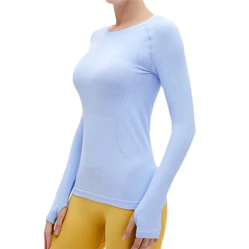 Solid Color Women's Long Sleeve Yoga Shirt - Breathable Fitness Top with Round Neck & Thumb Holes for Yoga, Gym & Workouts | Slim Fit Athletic Wear for Women
