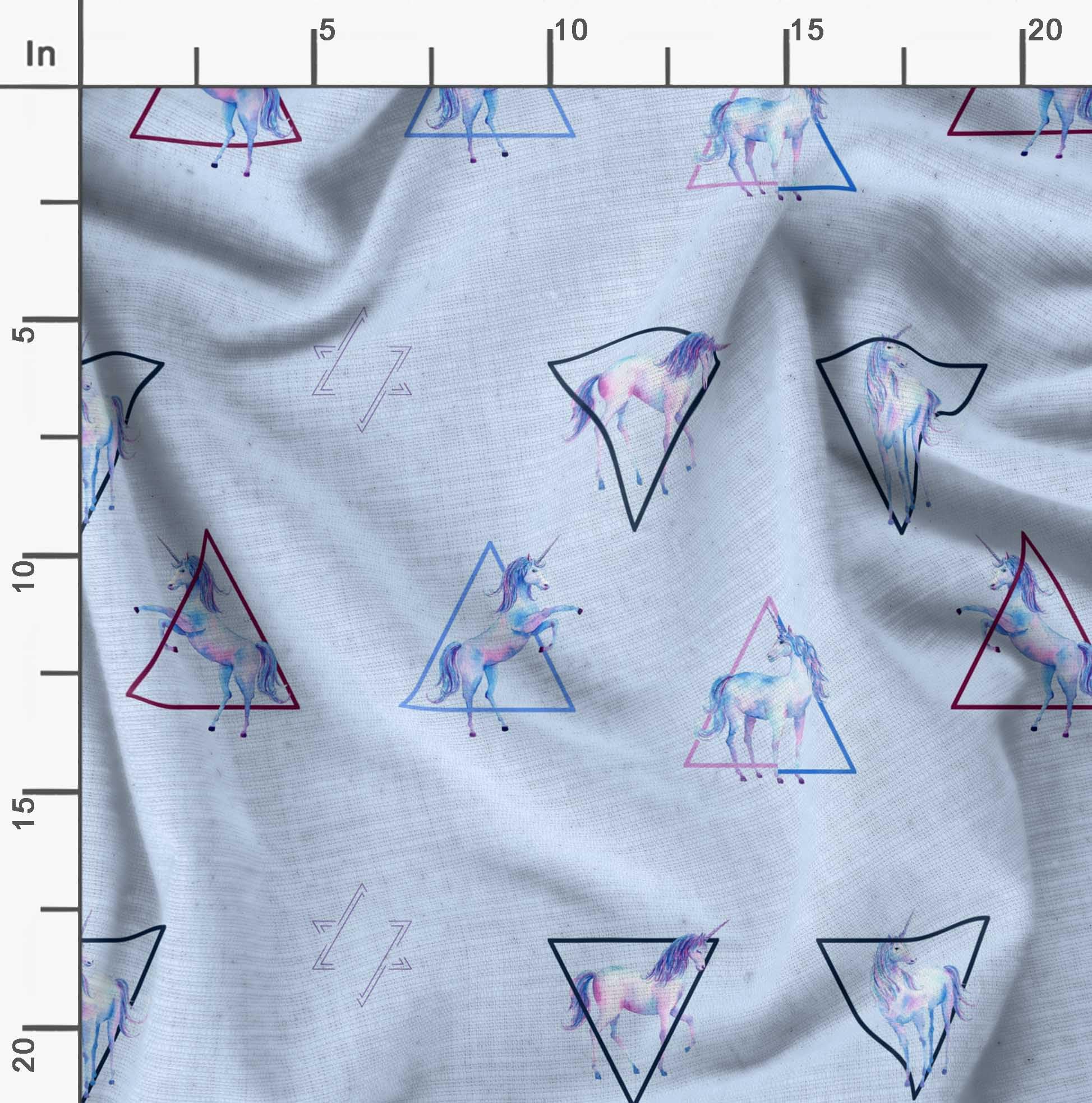 Soimoi Moss Georgette Blue Fabric by The Yard - 42 Inch Wide Geometric Printed Fabric with Unicorn & Triangle Patterns for DIY Crafts, Dressmaking, Home Decor & Quilting - Whimsical Playful Design Material