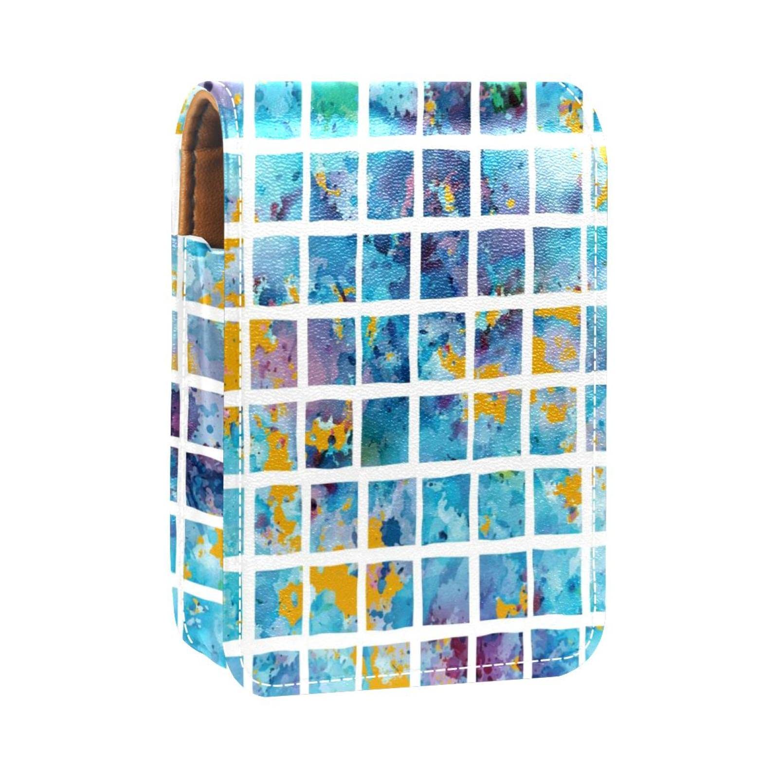 Personalized Lipstick Case - Portable Makeup Bag & Cosmetic Pouch Organizer - Watercolor Blue Mosaic Square Design - Perfect for Travel, Home Storage & Gift Giving