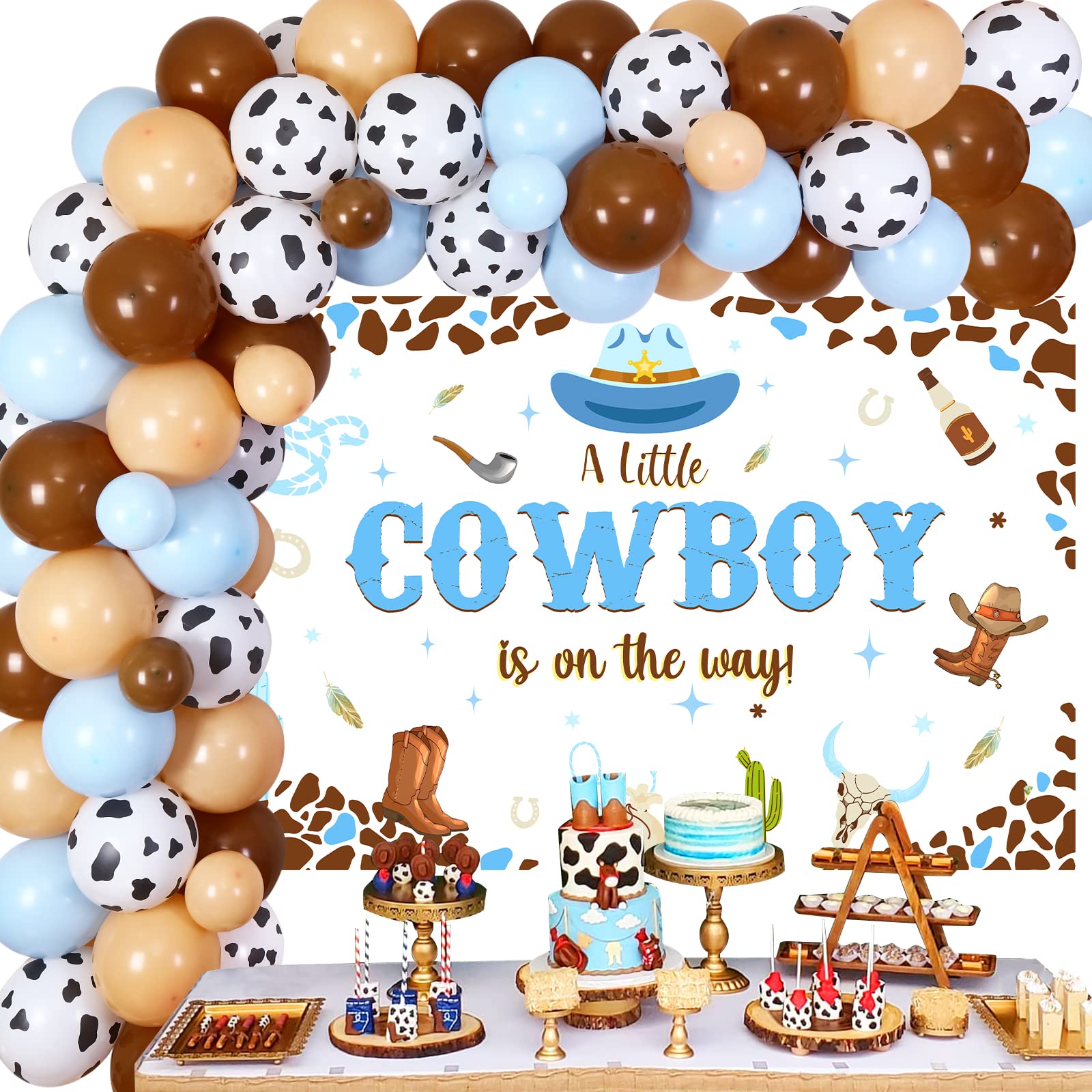 Cheereveal Cowboy Baby Shower Decorations for Boys - Western Theme Backdrop, Blue Balloon Garland Arch Kit | Wild West Baby Shower Party Supplies for Nursery, Gender Reveal & First Birthday Celebrations