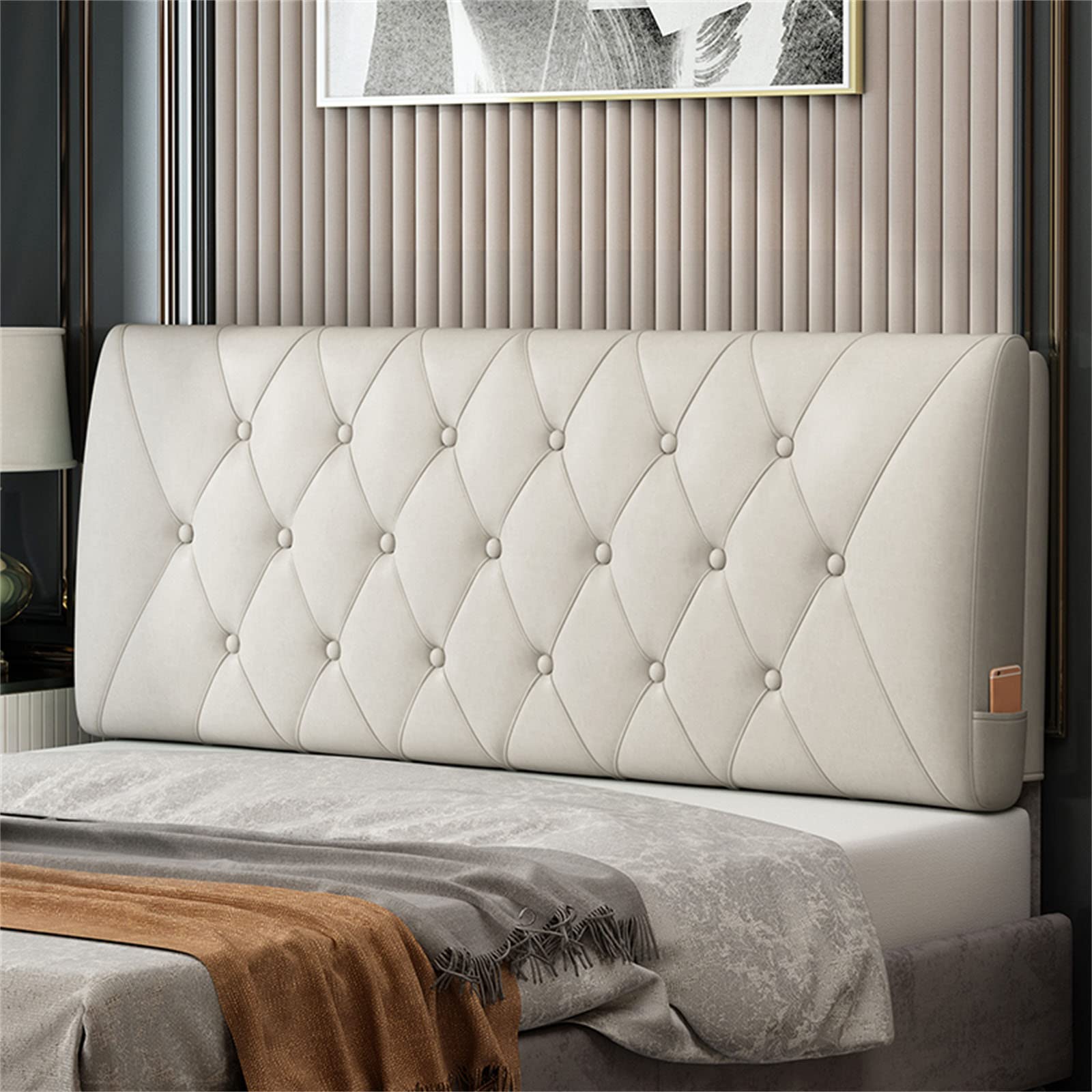 King Size Upholstered Headboard with Tufted Buttons - White Fabric Full Size Bed Headboard (63