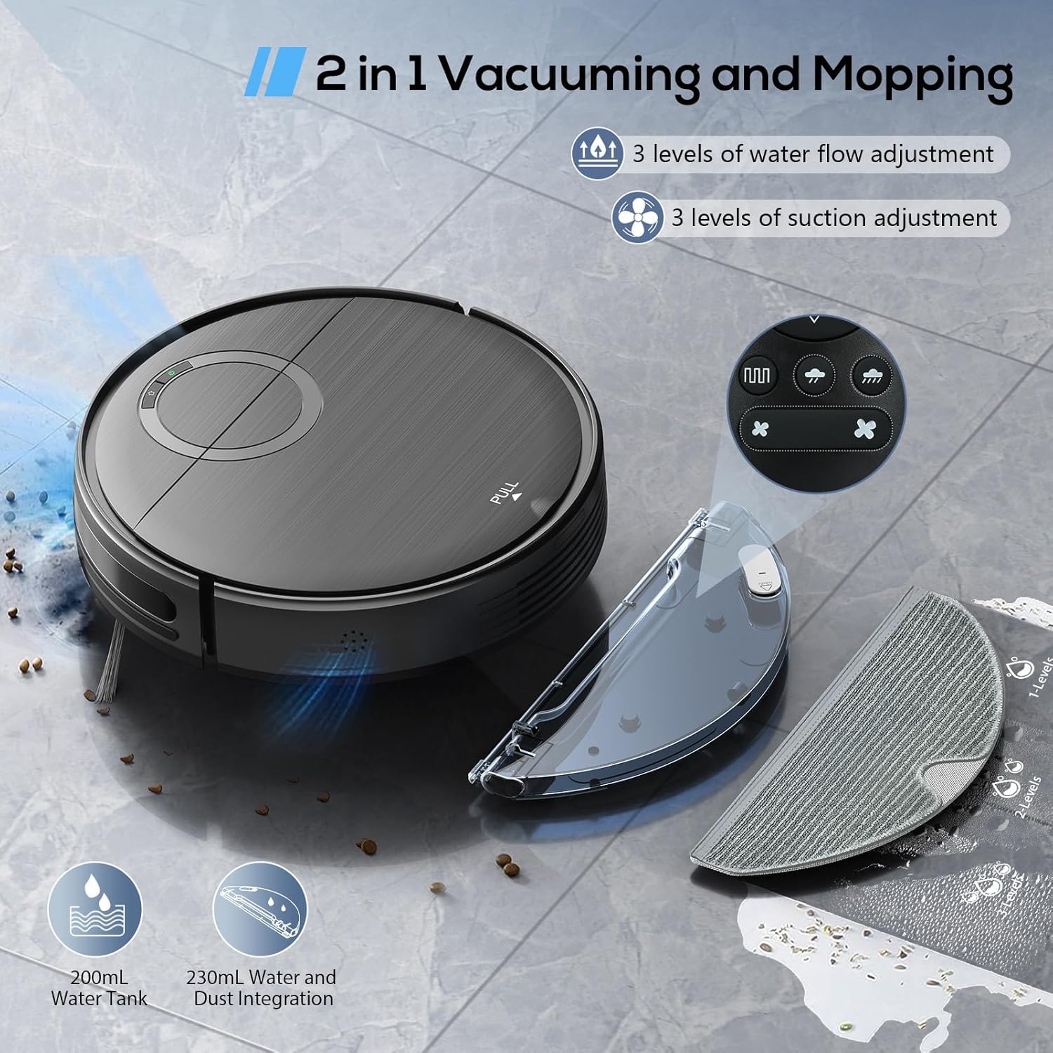 2-in-1 Robot Vacuum and Mop Combo with Wi-Fi/App Control, 2000Pa Strong Suction, Self-Charging - Ideal for Hard Floors, Pet Hair & Low-Pile Carpets | Smart Home Cleaning for Busy Families & Pet Owners