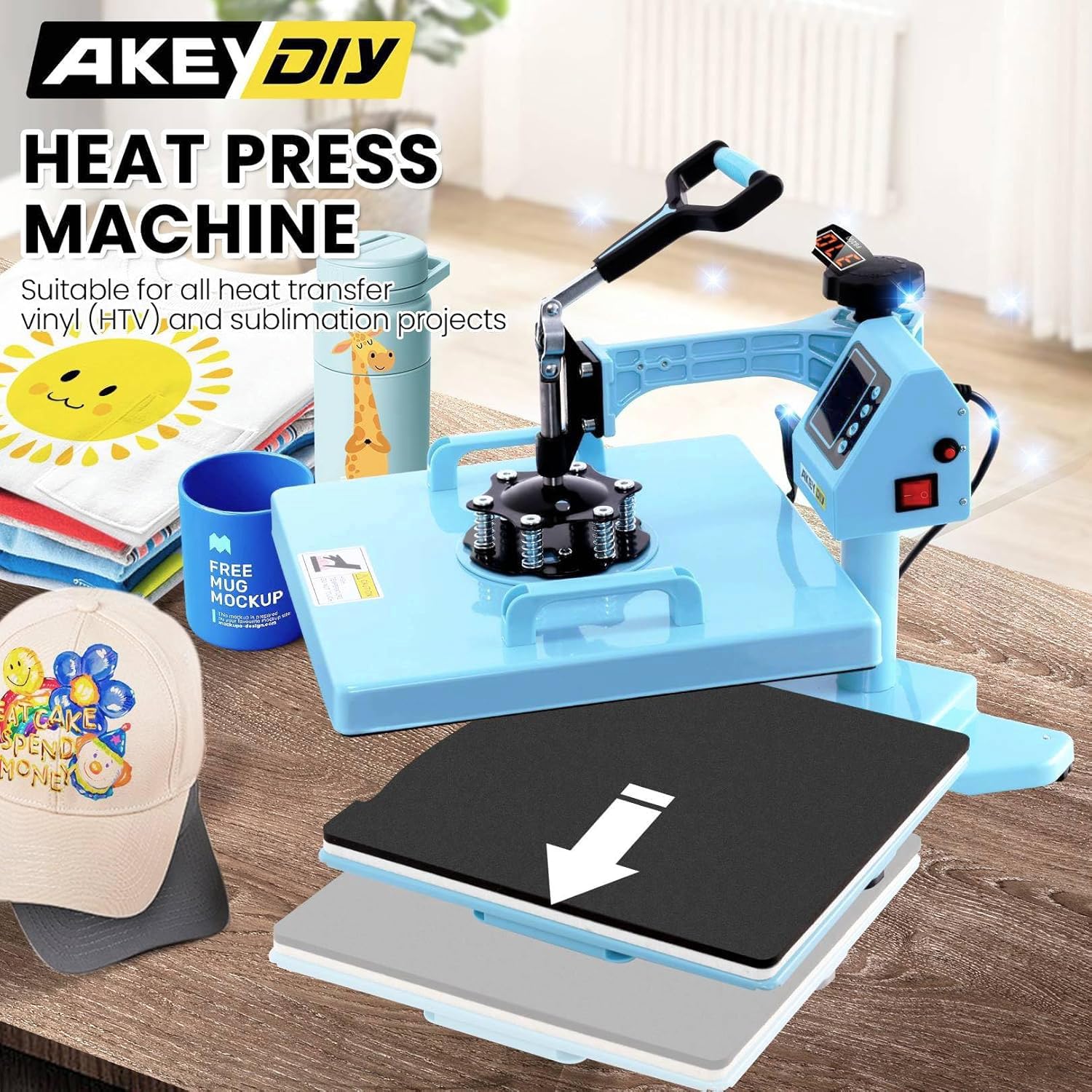 15x15 Inch 5-in-1 Heat Press Machine with 30OZ Tumbler Attachment - Digital Sublimation Transfer Press for T-Shirts, Mugs, Caps & Plates - 1400W Blue Heat Press for DIY Crafts & Small Business Printing
