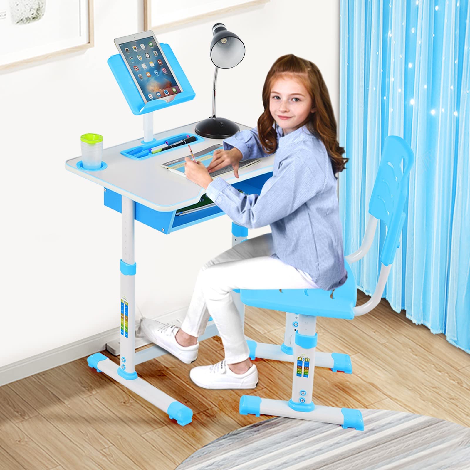 Adjustable Kids Desk and Chair Set with Storage - Blue for Home Schooling