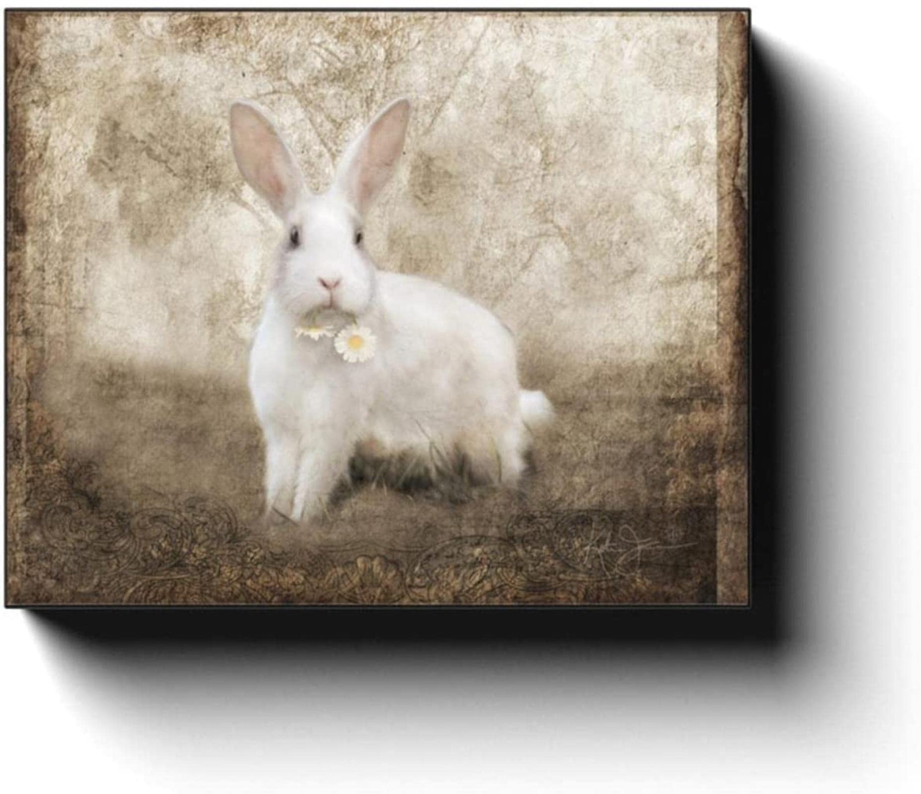 White Cute Rabbit Canvas Wall Art - Farmhouse Decor Country Painting - 28x40 Inch Framed Print for Living Room & Bedroom - Rustic Home Decor Perfect for Nursery, Office or Gift