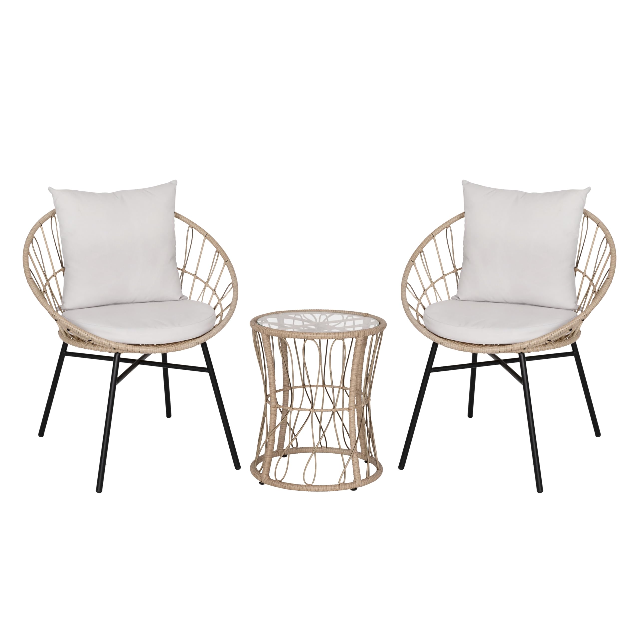Devon 3-Piece Indoor/Outdoor Bistro Set - Tan Rattan Papasan Chairs with Glass Top Table & Gray Cushions - Perfect for Patio, Garden, Balcony or Sunroom Relaxation