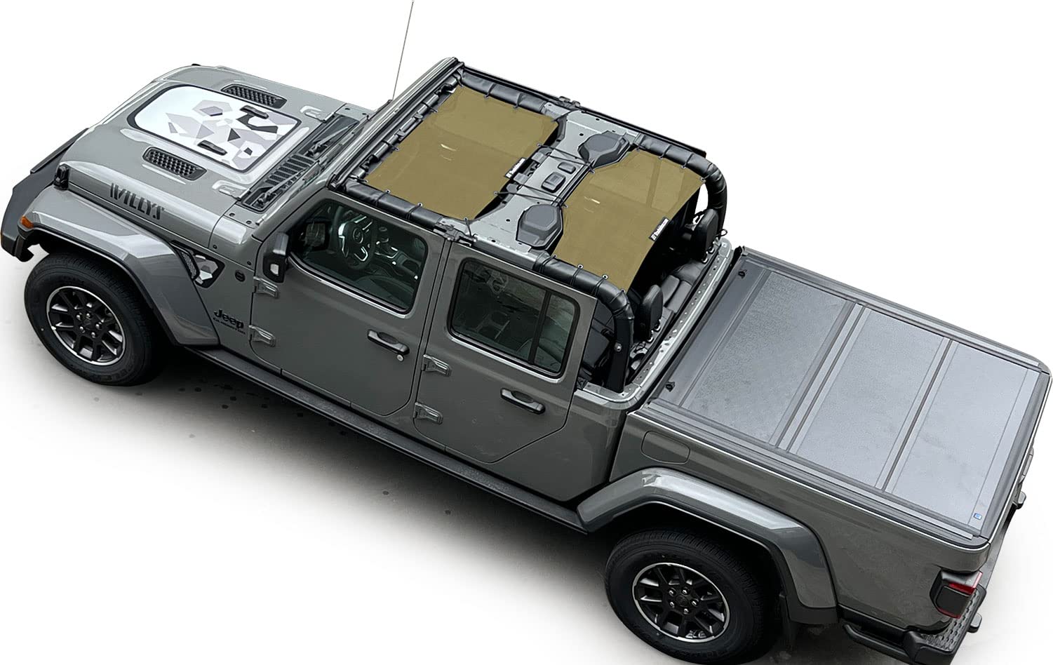 Shadeidea JT Sun Shade Top for Jeep Gladiator (2018-2023) - Mesh Roof Cover with UV Protection & Wind Noise Reduction - Includes GrabBag Pouch & 10-Year Warranty - Tank Green (Front+Rear 2-Piece Set) - Perfect for Off-Roading, Camping, and Summer Driving