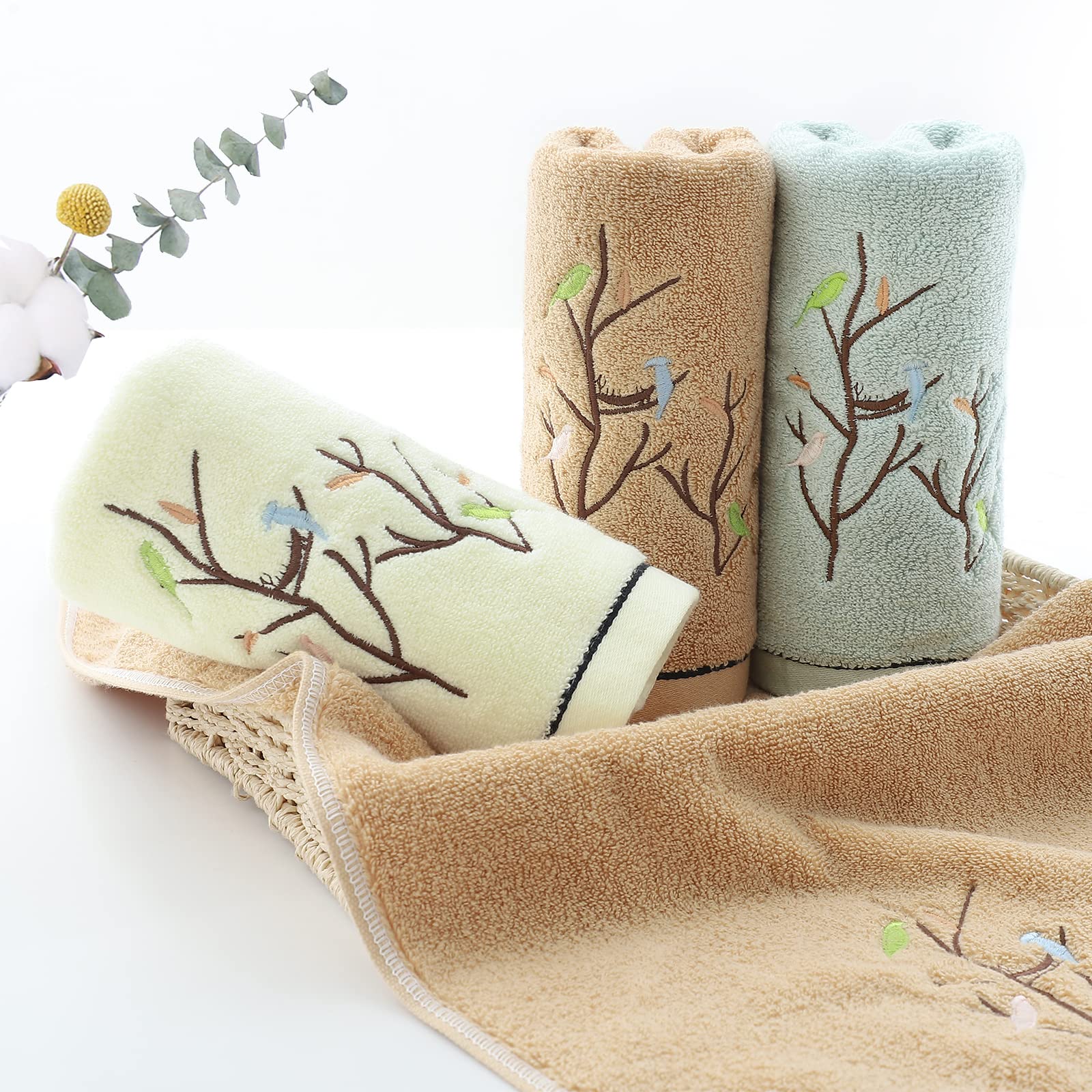 Pidada 4-Pack Embroidered Bird Tree Hand Towels - 100% Cotton, Super Absorbent & Soft Bathroom Towels (Aqua Green) | Perfect for Guest Bathrooms, Powder Rooms & Coastal Decor