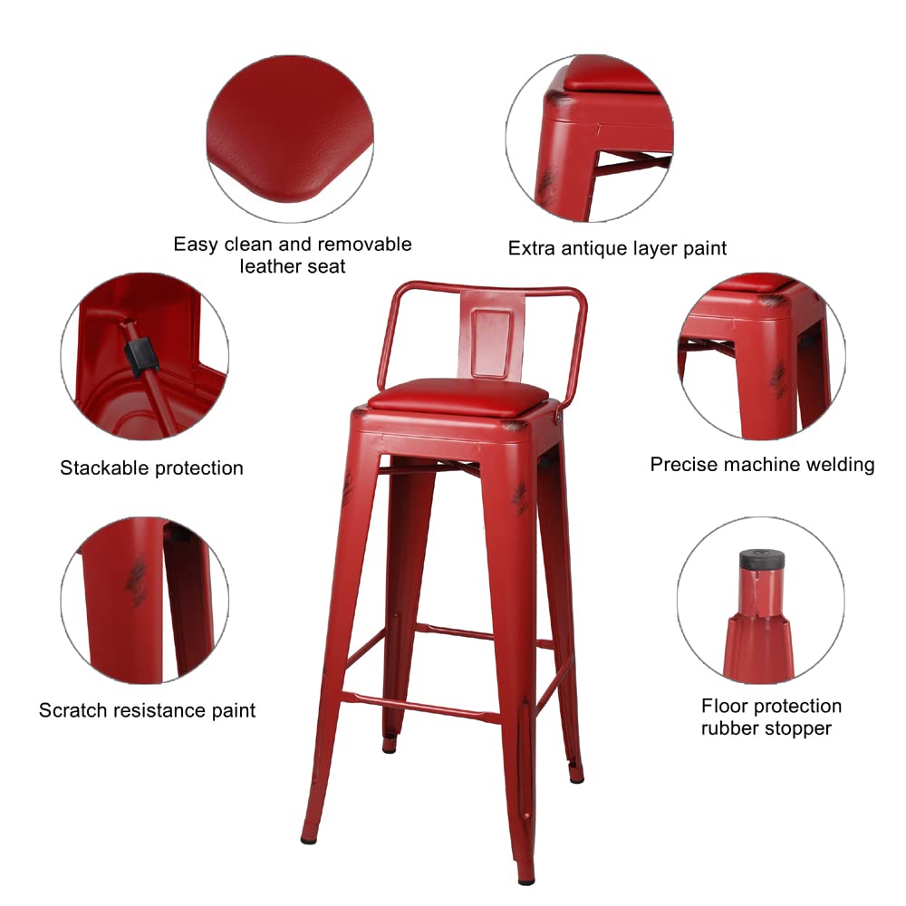 GIA 30-Inch Low-Back Bar Stool Set of 4 - Salmon Red with Red Vegan Leather Seat - Perfect for Kitchen Islands, Breakfast Bars & Home Decor