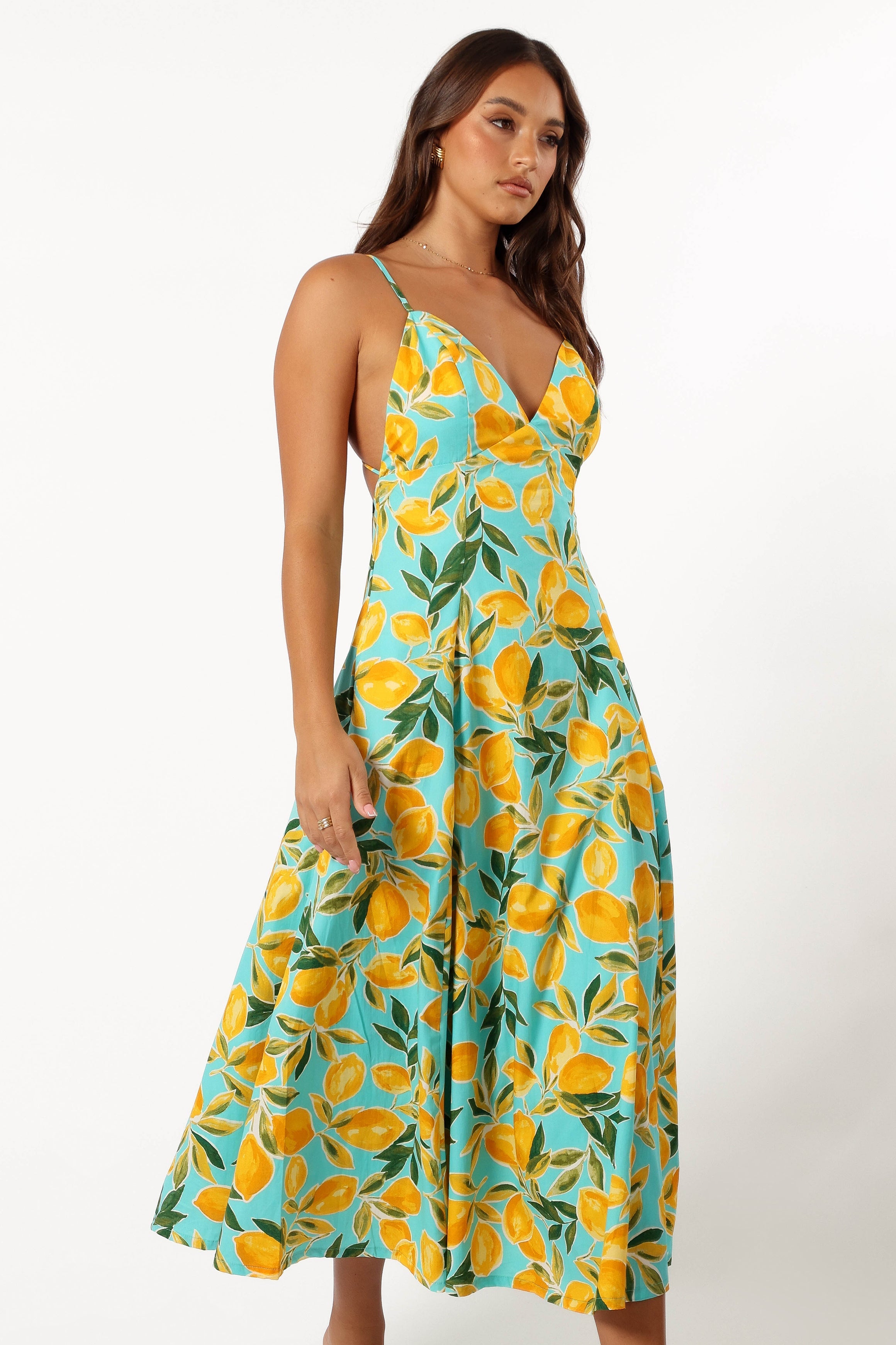 Emery Lemon Print Midi Dress - Flowy Summer Dress with Sky Lemon Pattern | Perfect for Beach Vacations, Brunch Dates & Casual Outings
