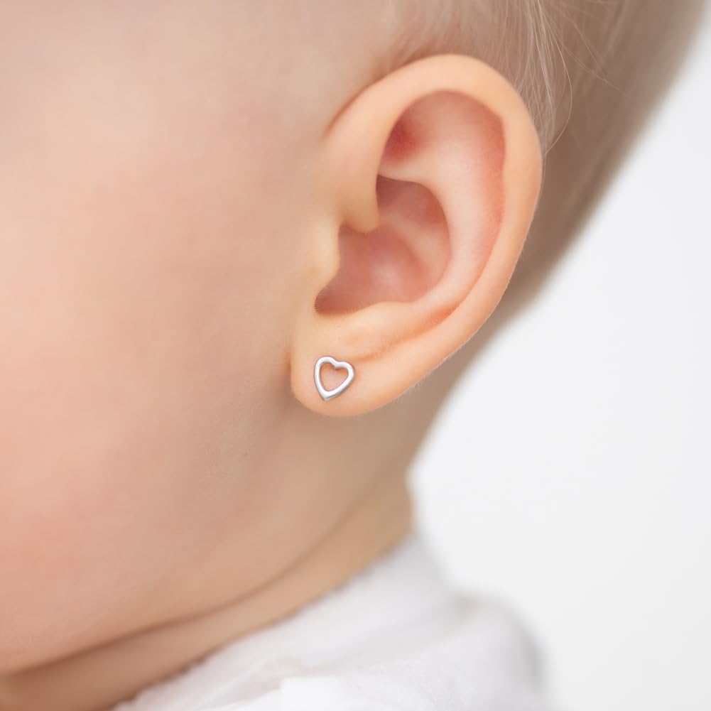 14K White Gold 5mm Open Heart Screw Back Earrings for Baby Girls & Toddlers - Small Stud Earrings Set with Safety Lock for Little Girls - Tiny Heart Earrings for Kids - Perfect for Birthdays, Baptisms & First Piercing Gifts