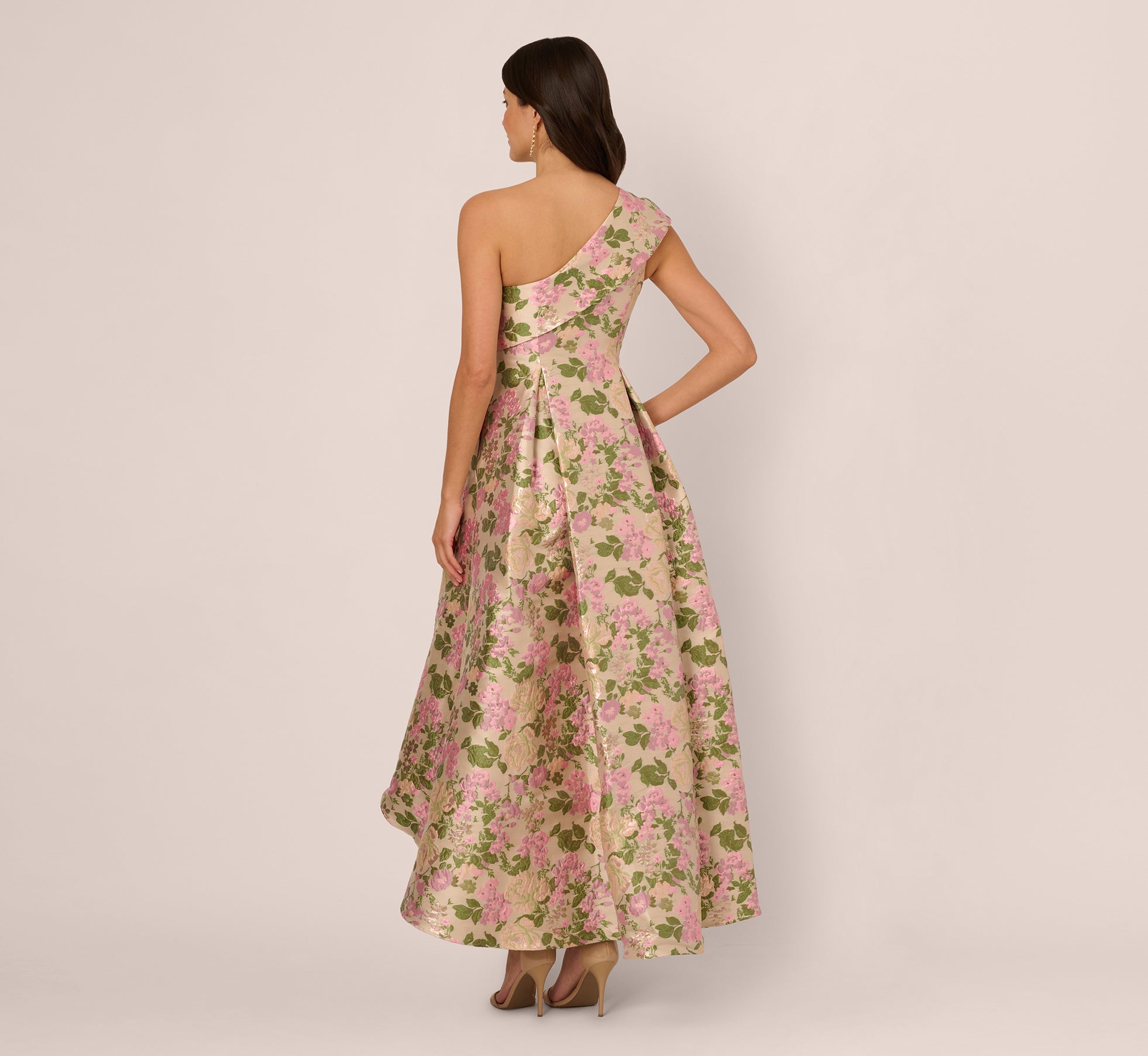 Elegant One Shoulder Metallic Floral Jacquard High-Low Evening Gown in Pink & Green - Perfect for Prom, Cocktail Parties & Formal Events