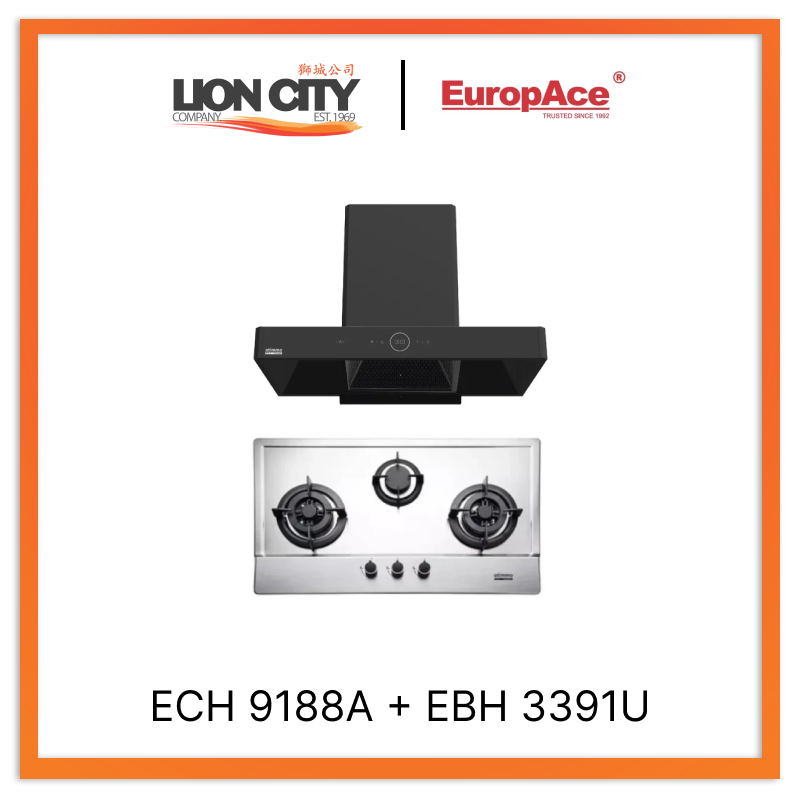 Europace ECH9188A 90cm Premium Stainless Steel Chimney Hood with EBH3391U Otimmo 3-Burner Slim Built-in Gas Hob Cooker - Modern Kitchen Ventilation & Cooking Solution for Home Chefs