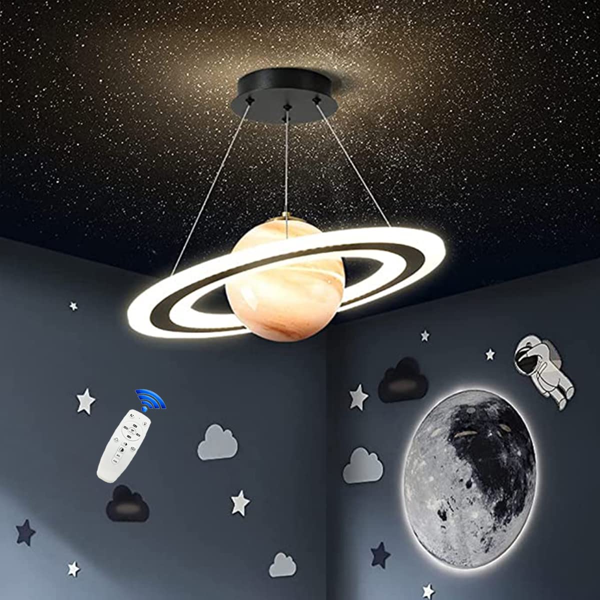 Modern LED Pendant Light with Remote Control - Dimmable Planet Design Chandelier for Kids Room, Bedroom & Living Room | Energy Efficient Hanging Ceiling Lamp for Home Decor, Dining & Kitchen Lighting