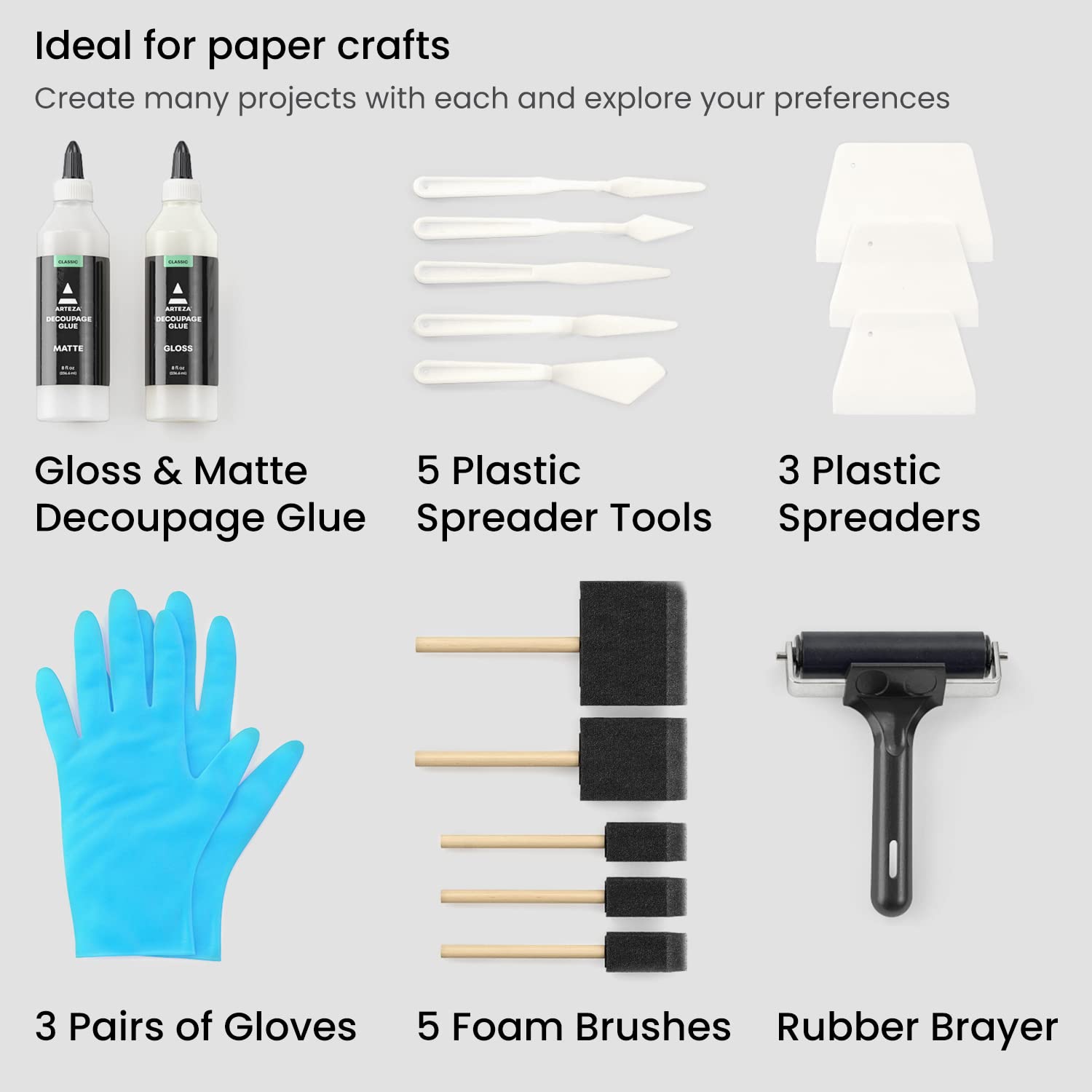 Arteza Decoupage Glue Craft Kit - 8oz Gloss & Matte Finish Glue with Foam Brushes, Spreader Tools & Gloves - Perfect for Paper Crafts, Scrapbooking, Home Decor & DIY Projects - Ideal for Artists, Crafters & DIY Enthusiasts
