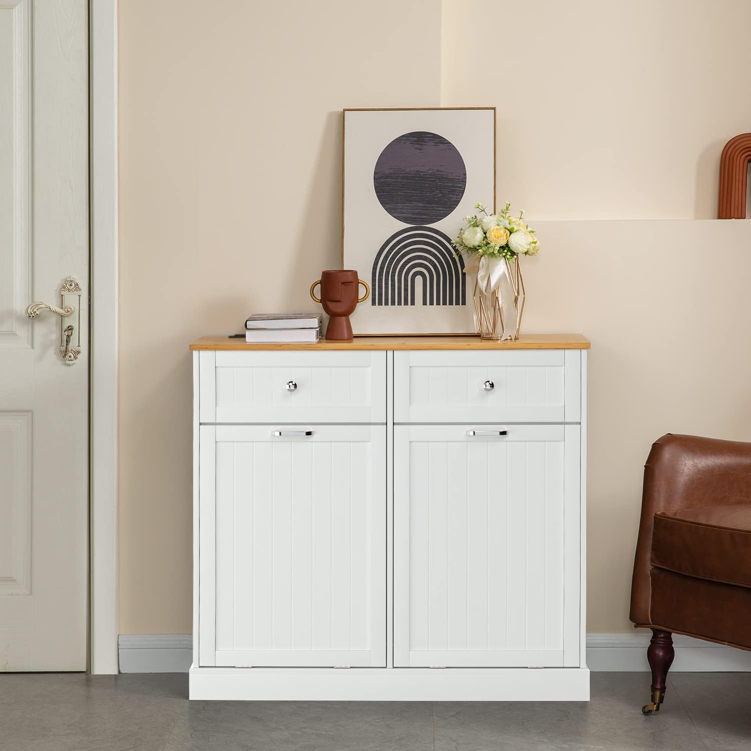 Upgraded GAZHOME 20 Gallon Double Tilt-Out Trash Cabinet with Built-in Charging Station & Hideaway Drawer - White Wooden Free-Standing Recycling Bin Organizer for Kitchen, Bathroom, or Office Use