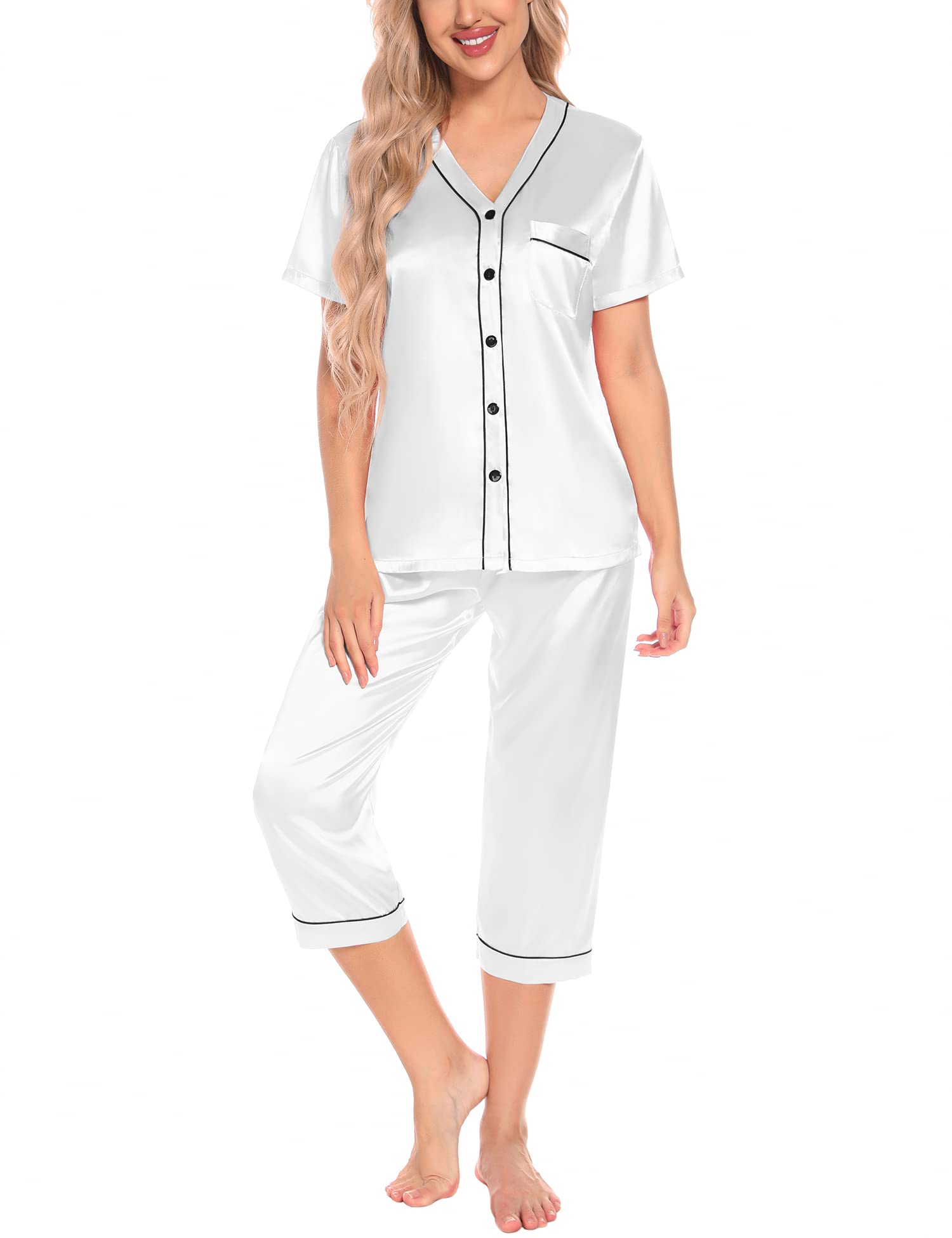 SWOMOG Women's Satin Pajama Set - V-Neck Short Sleeve Top & Capri Pants 2-Piece Lounge Wear for Sleep, Travel & Relaxation | Soft & Comfortable Nightwear