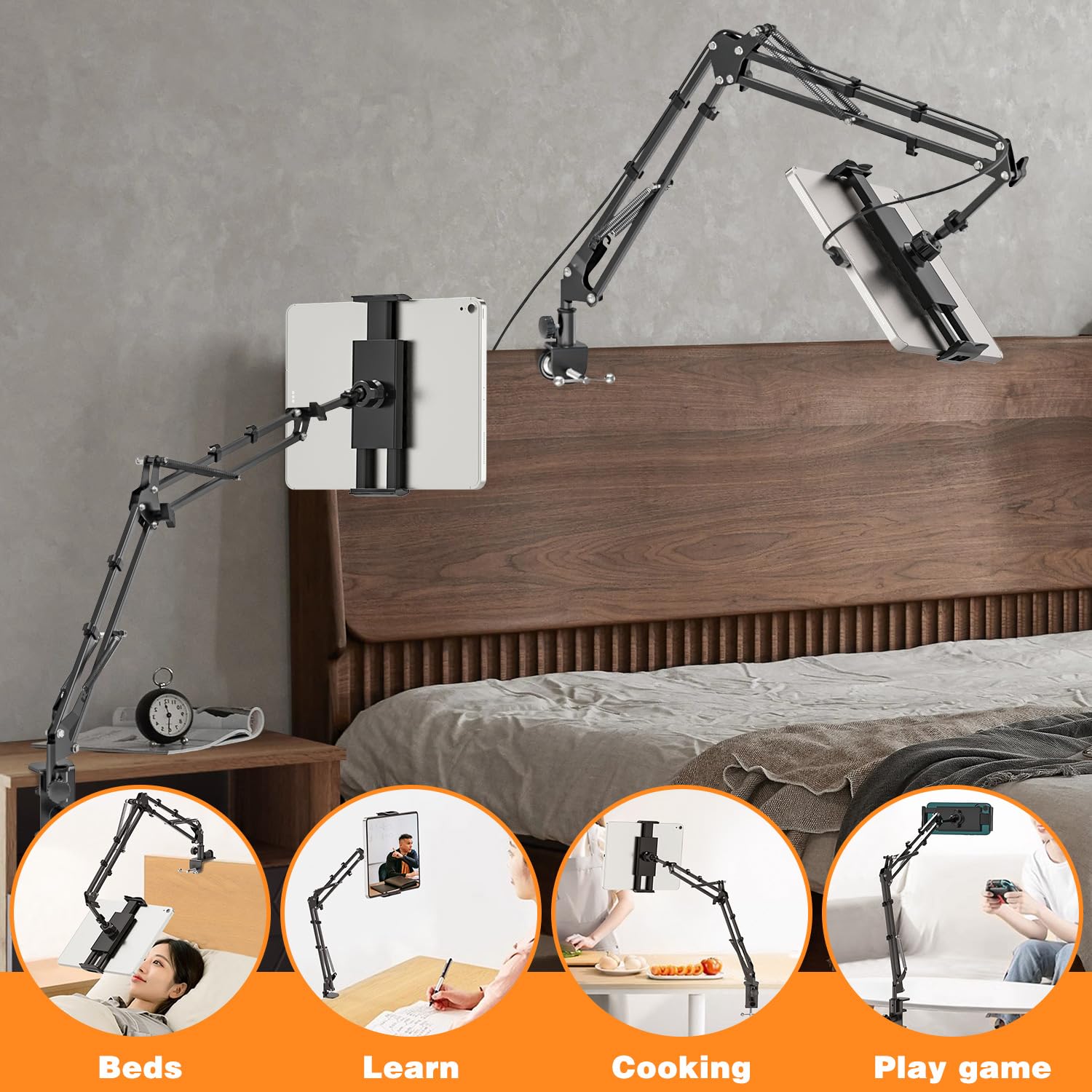 JUBORUI 360° Rotating Tablet Stand for Bed - Adjustable iPad Holder with 2 Sturdy Metal Arms for iPad Pro/Air/Mini 4.7