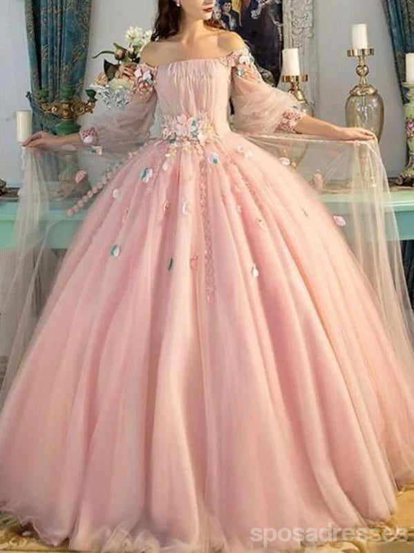 Elegant Pink A-Line Off-Shoulder Long Sleeve Floral Prom Dress - Formal Ball Gown for Homecoming, Wedding & Evening Parties (Style 12531)