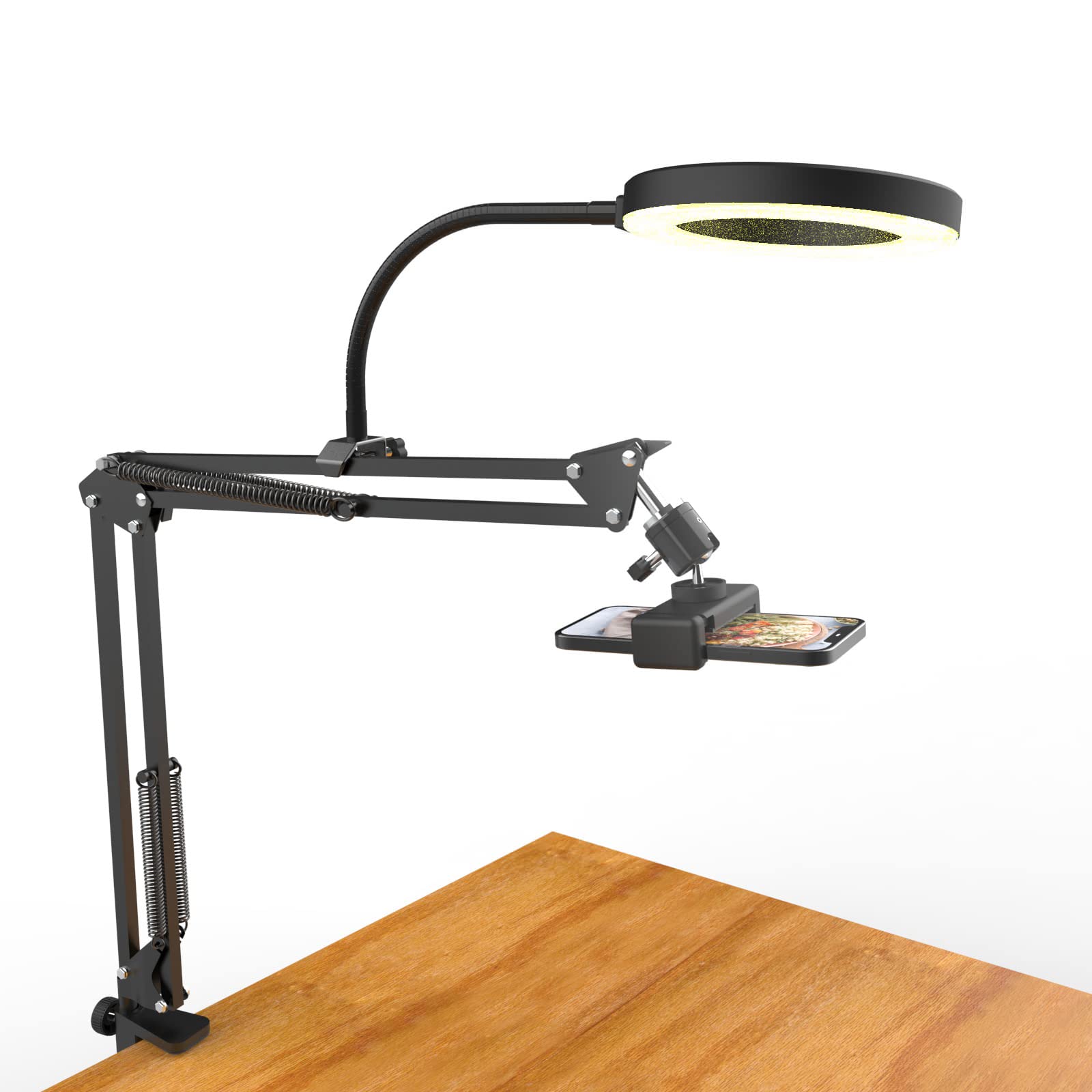 Professional Overhead Camera Mount with Adjustable Ring Light - Flexible Articulating Phone Arm Stand Compatible with iPhone, Android, Logitech Webcam - Perfect for YouTube Live Streaming, Cooking Tutorials, Nail Art Videos & Desk Recording (Includes Sturdy Tripod Base)