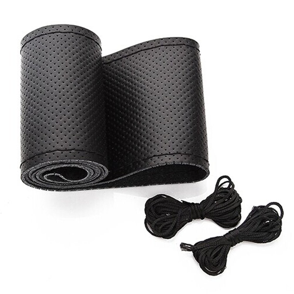BELINOUS Universal Leather Car Steering Wheel Cover - Stitch On Wrap for Comfort & Grip (Size M4, Black) | Perfect for Daily Commute, Road Trips & Enhanced Driving Experience