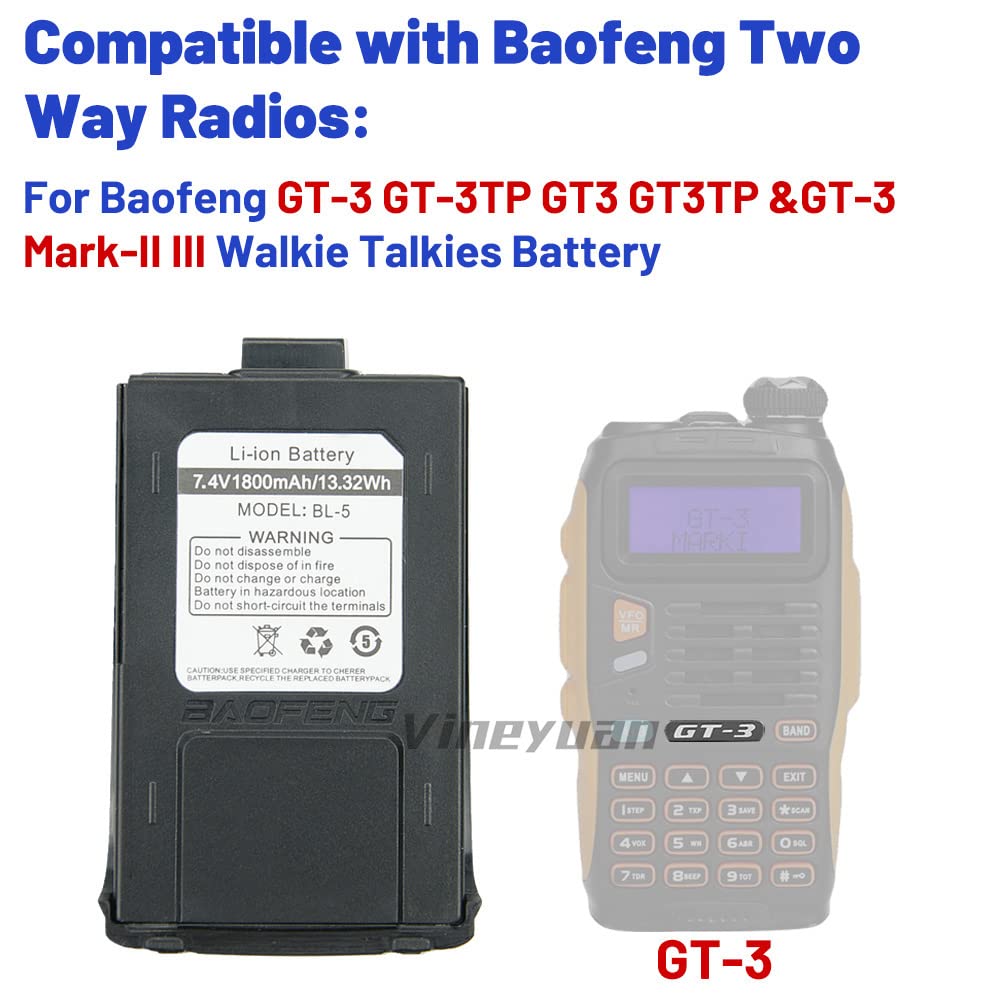 Replacement 7.4V 1800mAh Two Way Radio Battery for GT-3, GT-3TP, GT3, GT3TP, Mark-II, Mark-III - Compatible Walkie Talkie Battery for Outdoor Adventures, Construction Sites & Emergency Communication