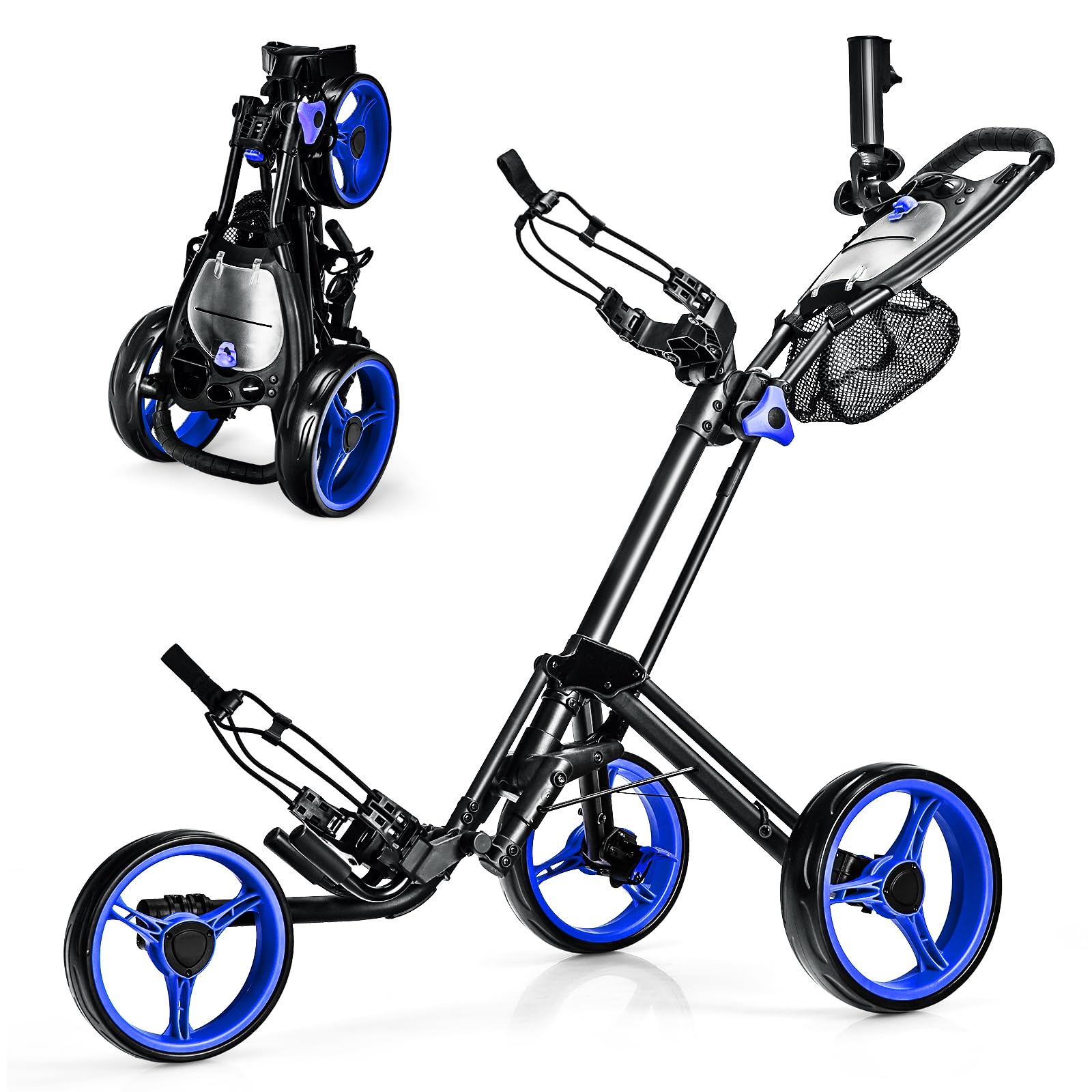ULTIMATE 3 Wheel Golf Push Cart - Lightweight Folding Golf Trolley with Scorecard Holder, Cup Holder, Umbrella Holder & Golf Bag Holder | Includes Mesh Storage Bag, Upper/Lower Brackets with Elastic Straps, Foot Brake & Adjustable Handle | Perfect for Golf Courses, Driving Ranges & Outdoor Practice