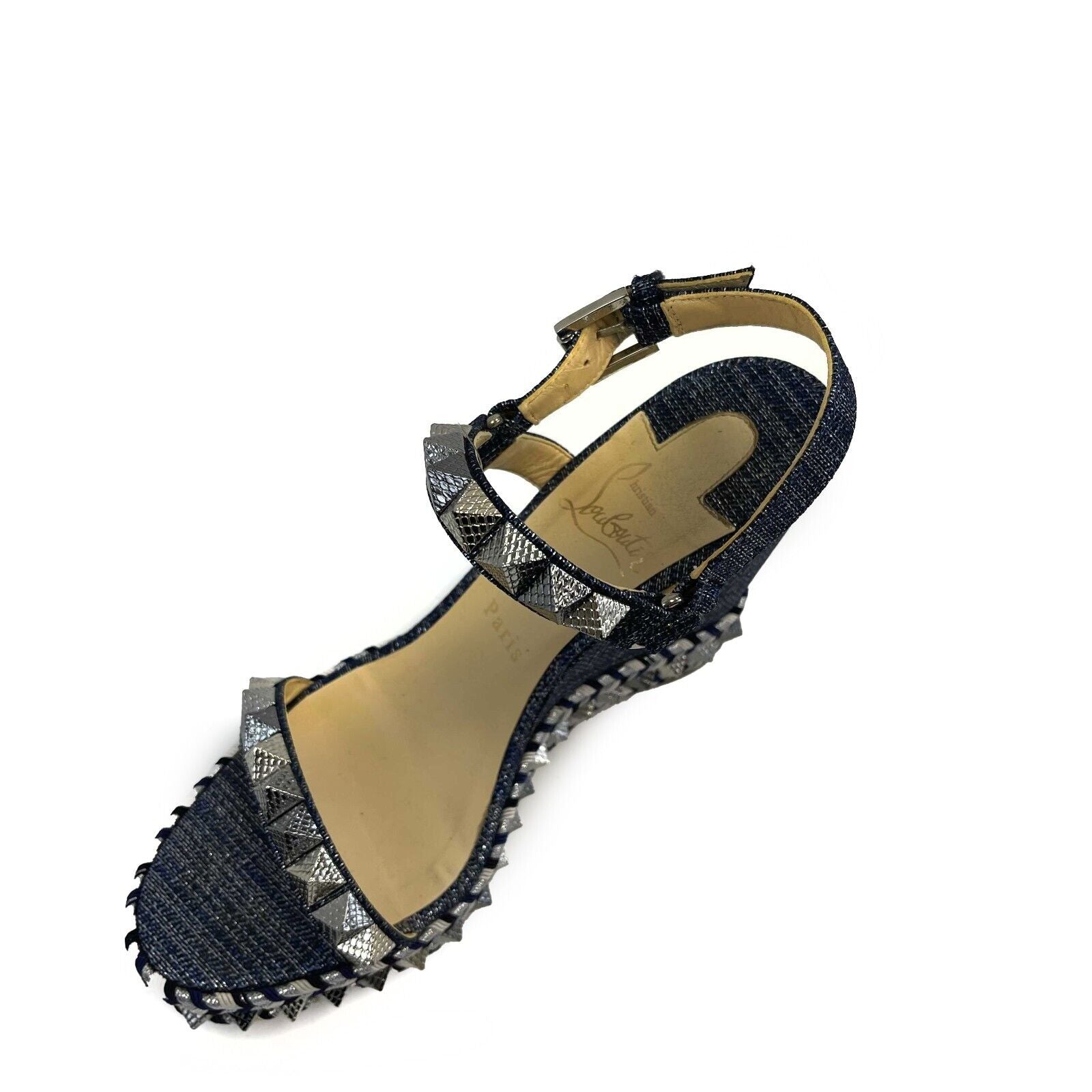 Christian Louboutin Pyraclou Spike Denim Wedge Sandals Women's Size 39 (US 9) - Stylish High Heel Shoes for Parties, Weddings & Evening Events