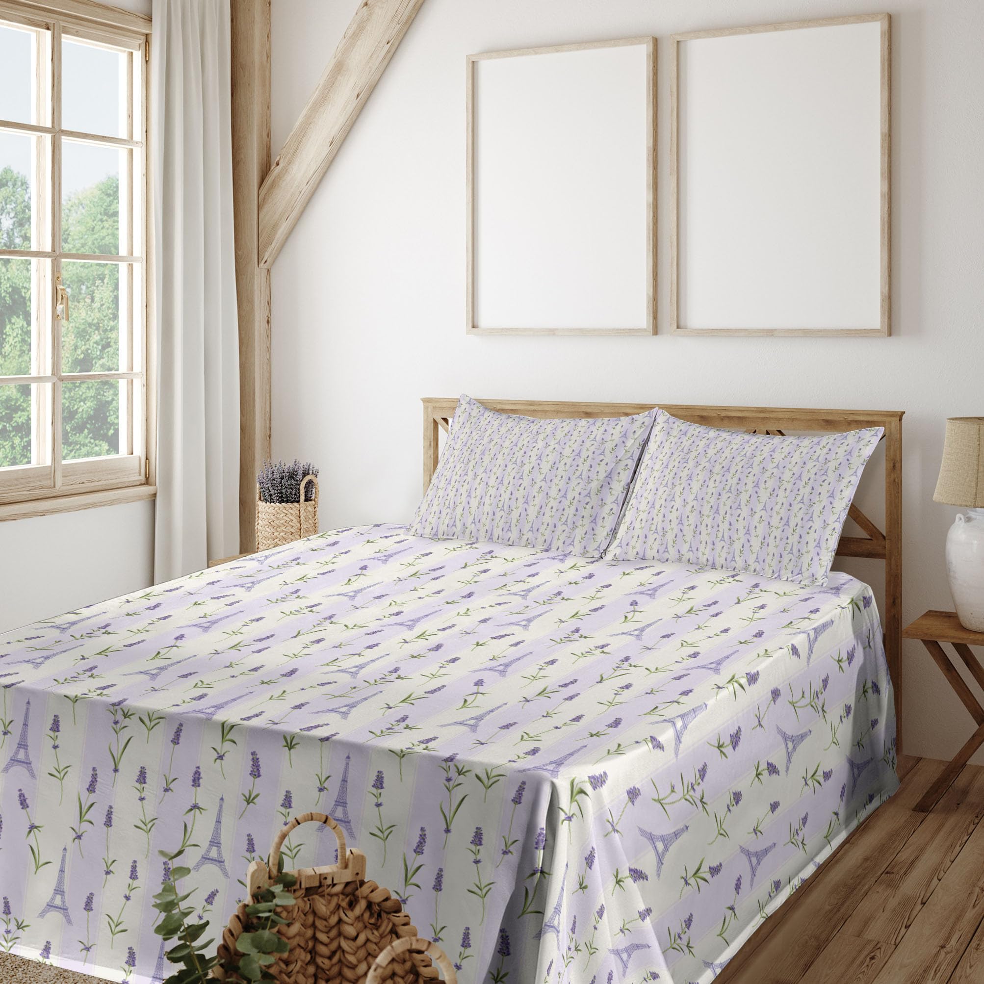 Ambesonne Paris Floral Bed Sheet Set - Lavender Flowers on Soft Stripes 4-Piece King Size, Pale Green & Lavender | Luxury Bedroom Decor for Master Bedroom, Guest Room & Vacation Homes